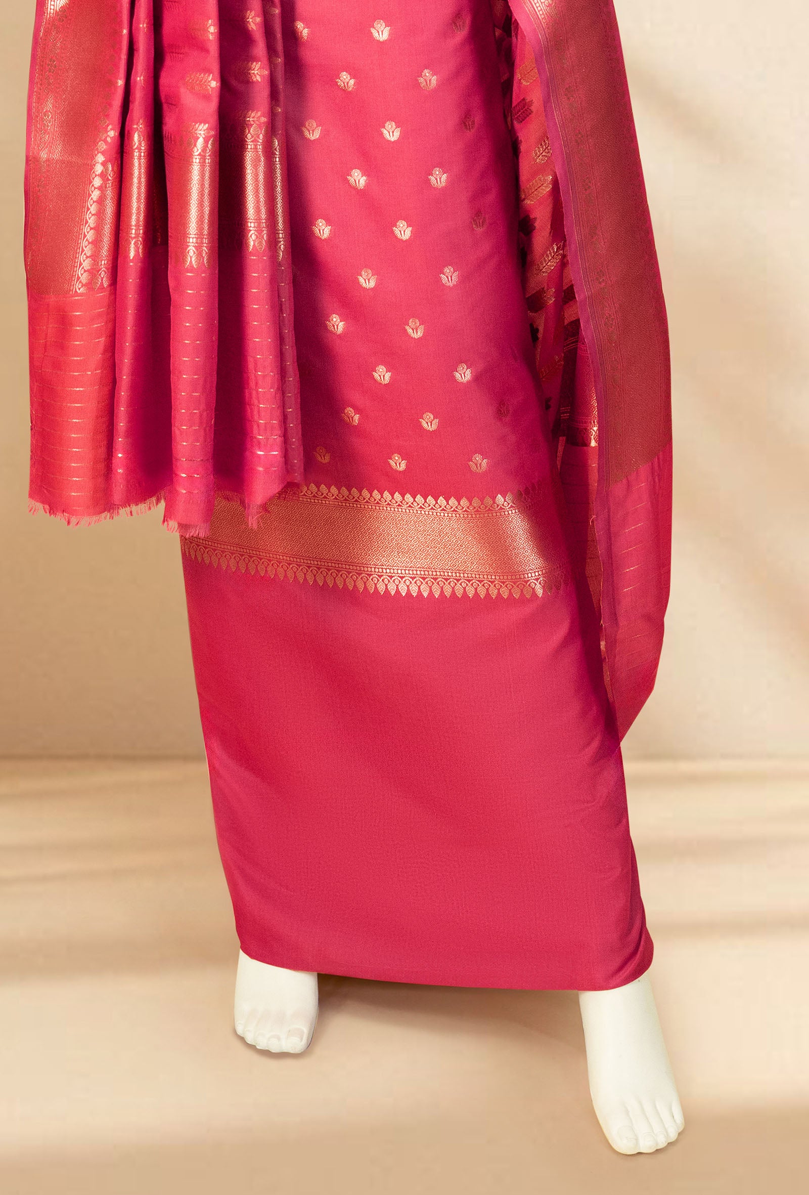 Coral Pink Banarasi Silk 3-Piece Suit – Kurta, Pure Silk Pant & Dupatta