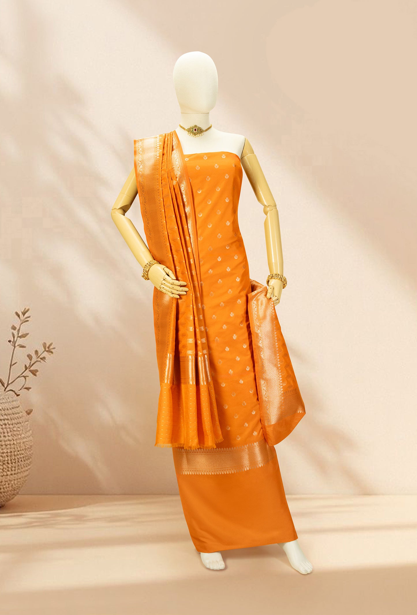 Saffron Yellow Banarasi Silk 3-Piece Suit – Kurta, Pure Silk Pant & Dupatta