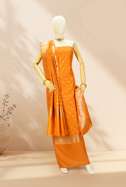 Saffron Yellow Banarasi Silk 3-Piece Suit – Kurta, Pure Silk Pant & Dupatta