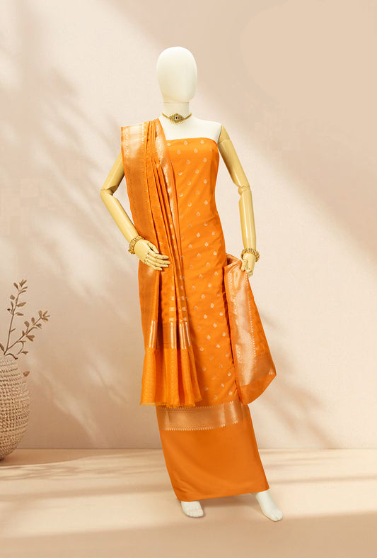 Saffron Yellow Banarasi Silk 3-Piece Suit – Kurta, Pure Silk Pant & Dupatta