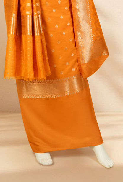 Saffron Yellow Banarasi Silk 3-Piece Suit – Kurta, Pure Silk Pant & Dupatta