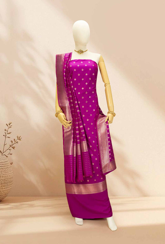 Magenta Pink Banarasi Silk 3-Piece Suit Set– Kurta, Pure Silk Pant & Dupatta