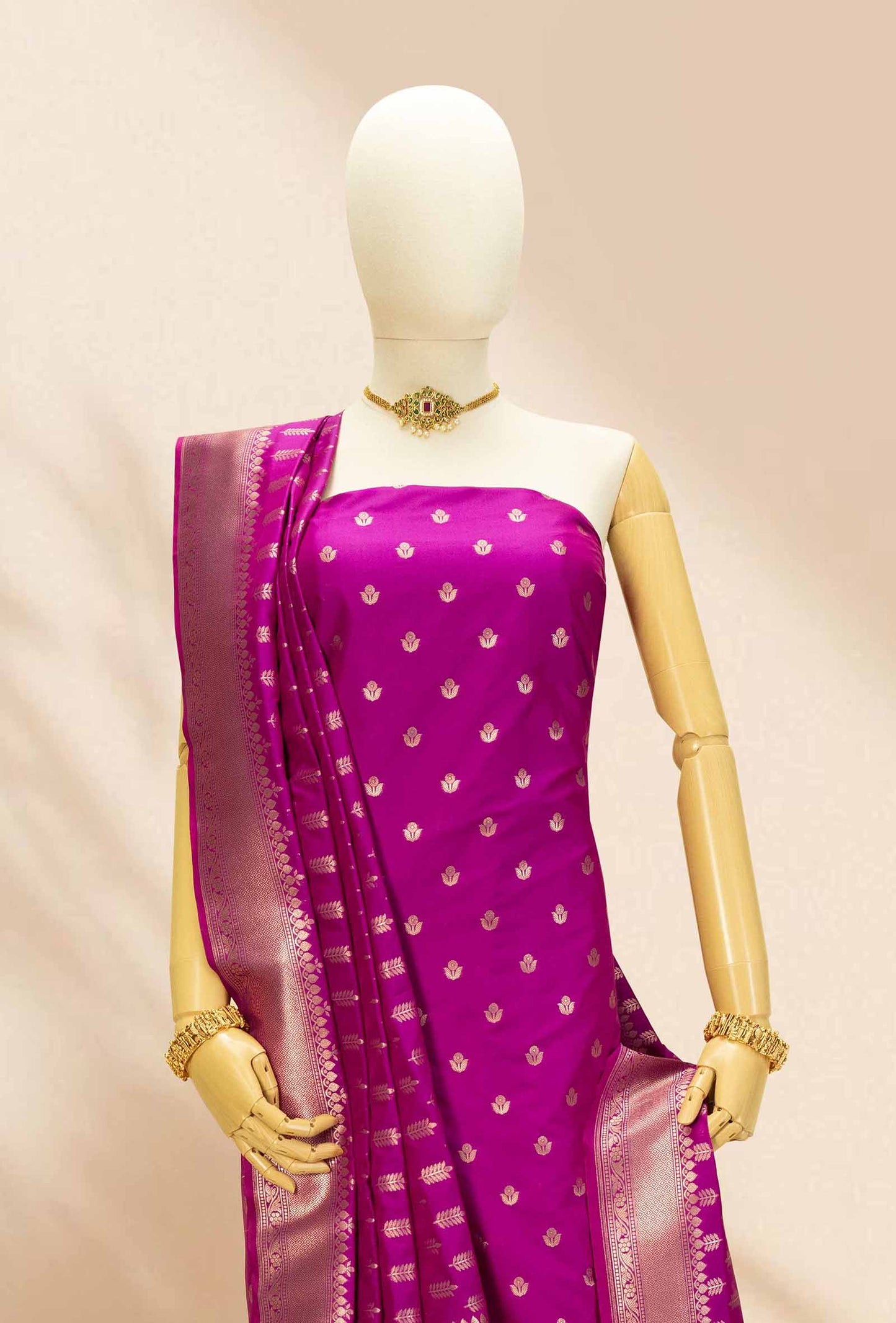 Magenta Pink Banarasi Silk 3-Piece Suit Set– Kurta, Pure Silk Pant & Dupatta