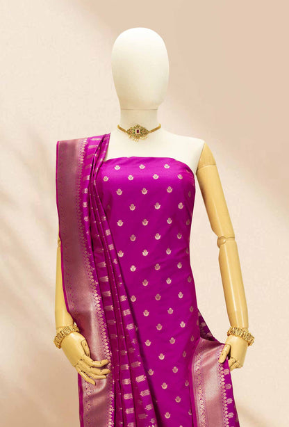 Magenta Pink Banarasi Silk 3-Piece Suit Set– Kurta, Pure Silk Pant & Dupatta