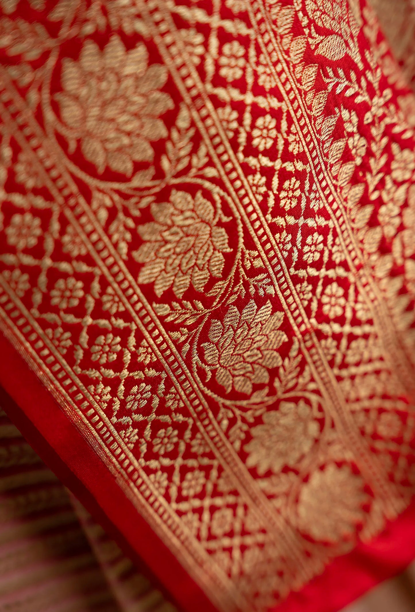 Deep Red & Light Pink Striped Silk Saree With Unstitched Blouse