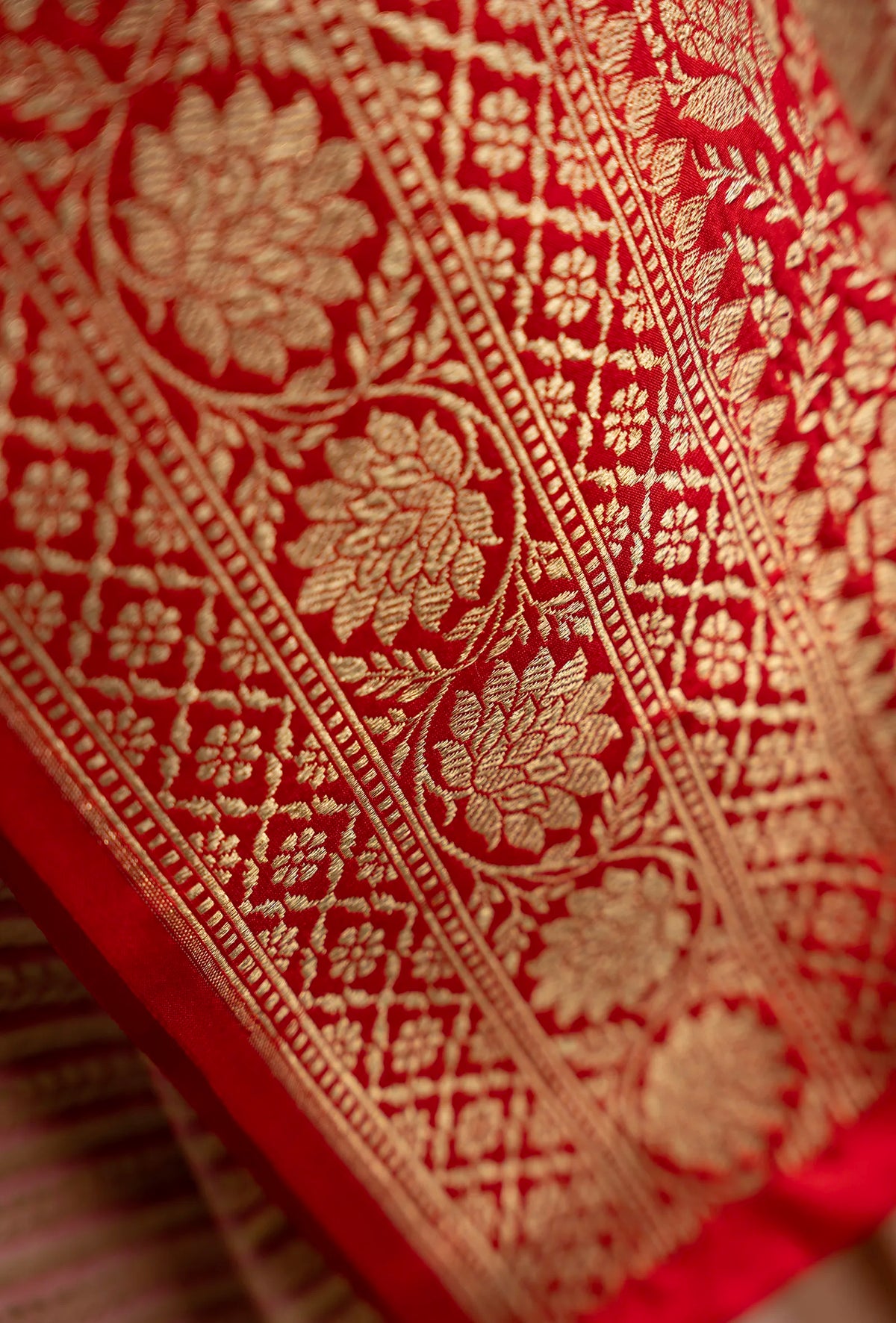 Deep Red & Light Pink Striped Silk Saree With Unstitched Blouse