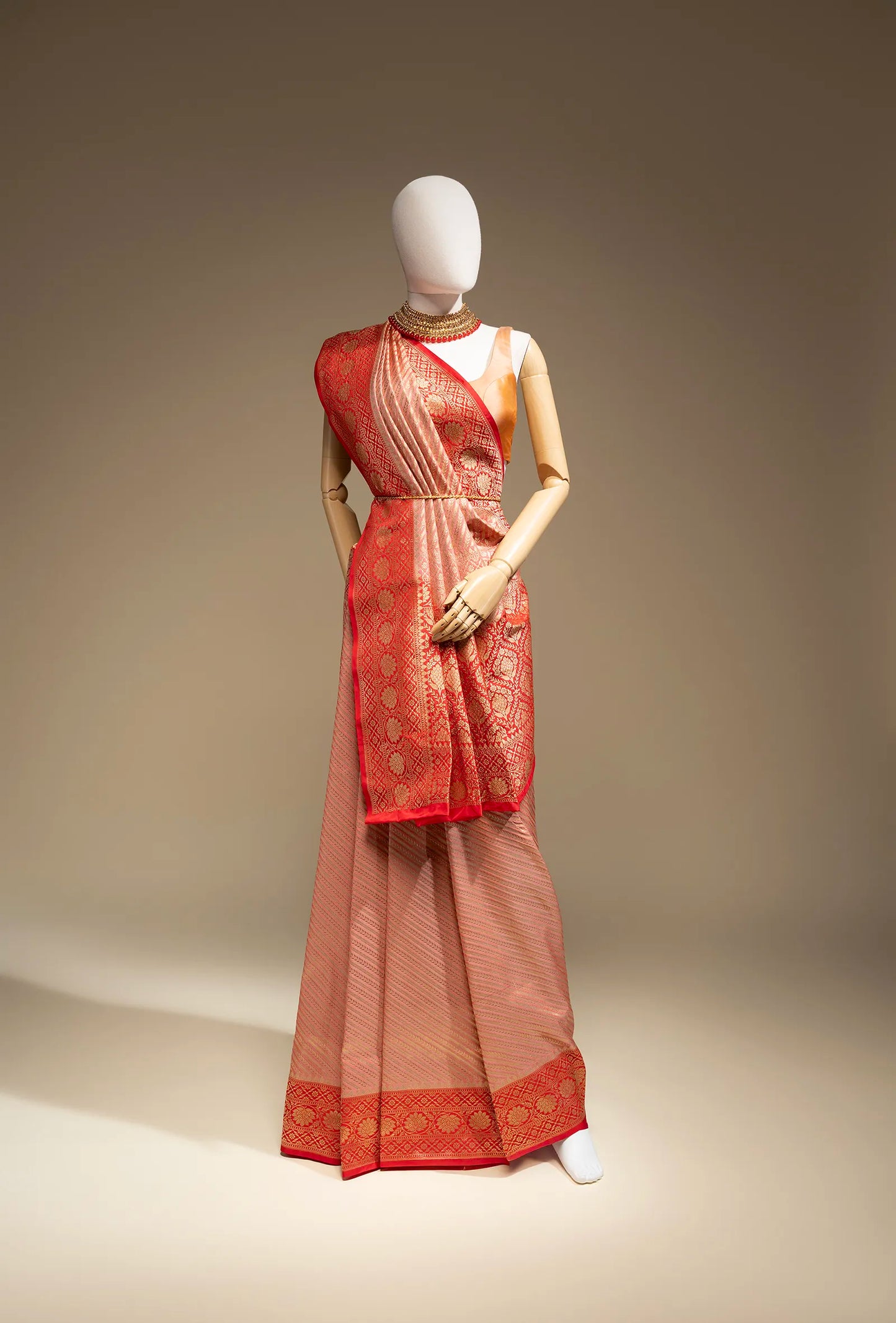 Deep Red & Light Pink Striped Silk Saree With Unstitched Blouse
