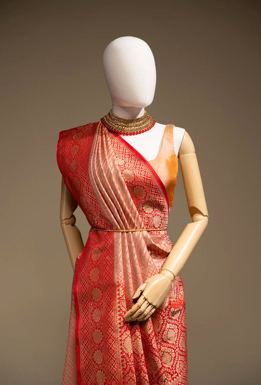 Deep Red & Light Pink Striped Silk Saree With Unstitched Blouse