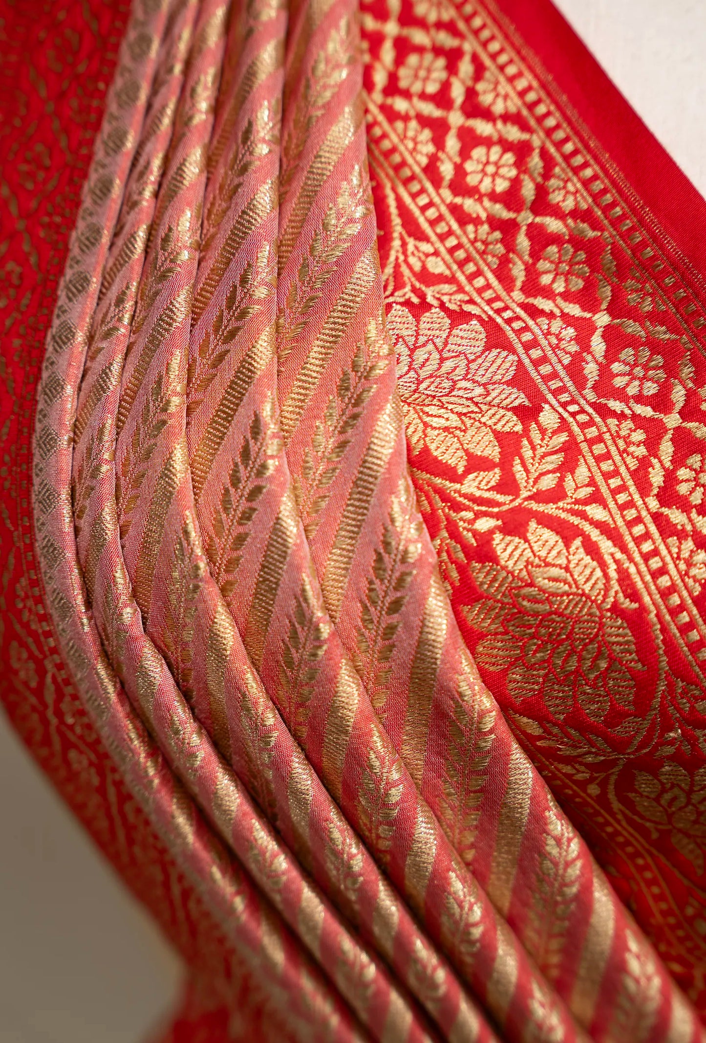 Deep Red & Light Pink Striped Silk Saree With Unstitched Blouse