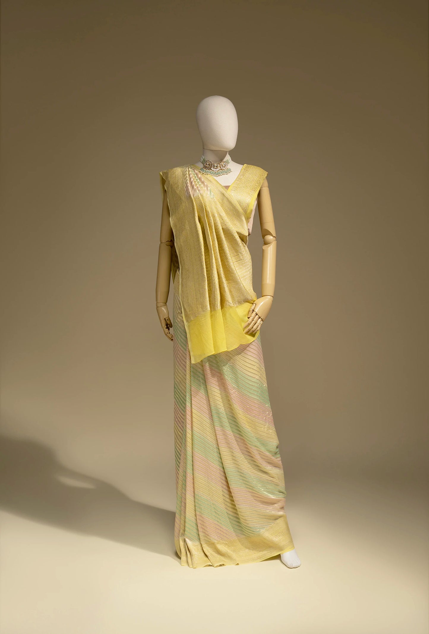 Lehriya Saree In Khadi Chiffon With Yellow And Pastel Stripes
