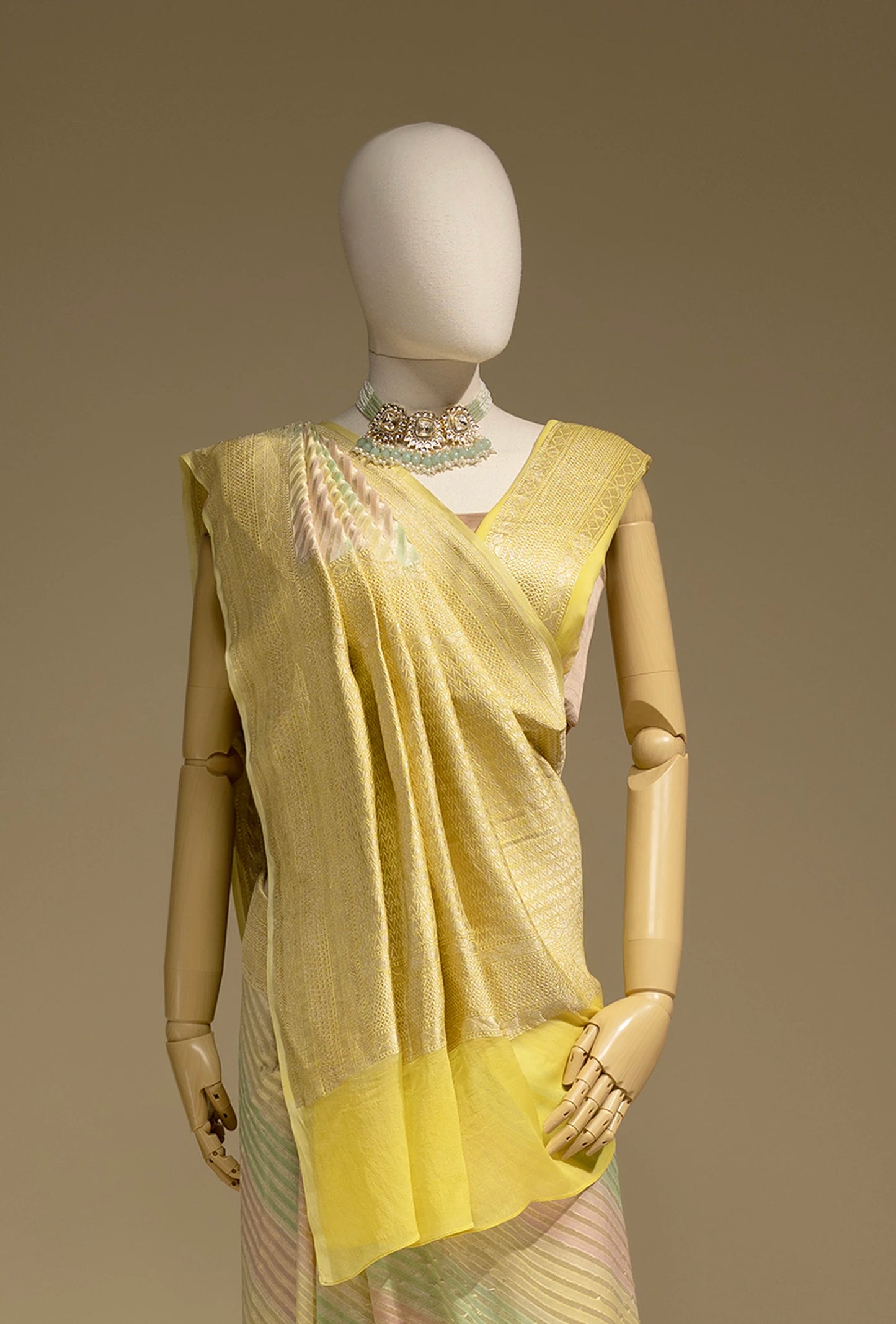Lehriya Saree In Khadi Chiffon With Yellow And Pastel Stripes
