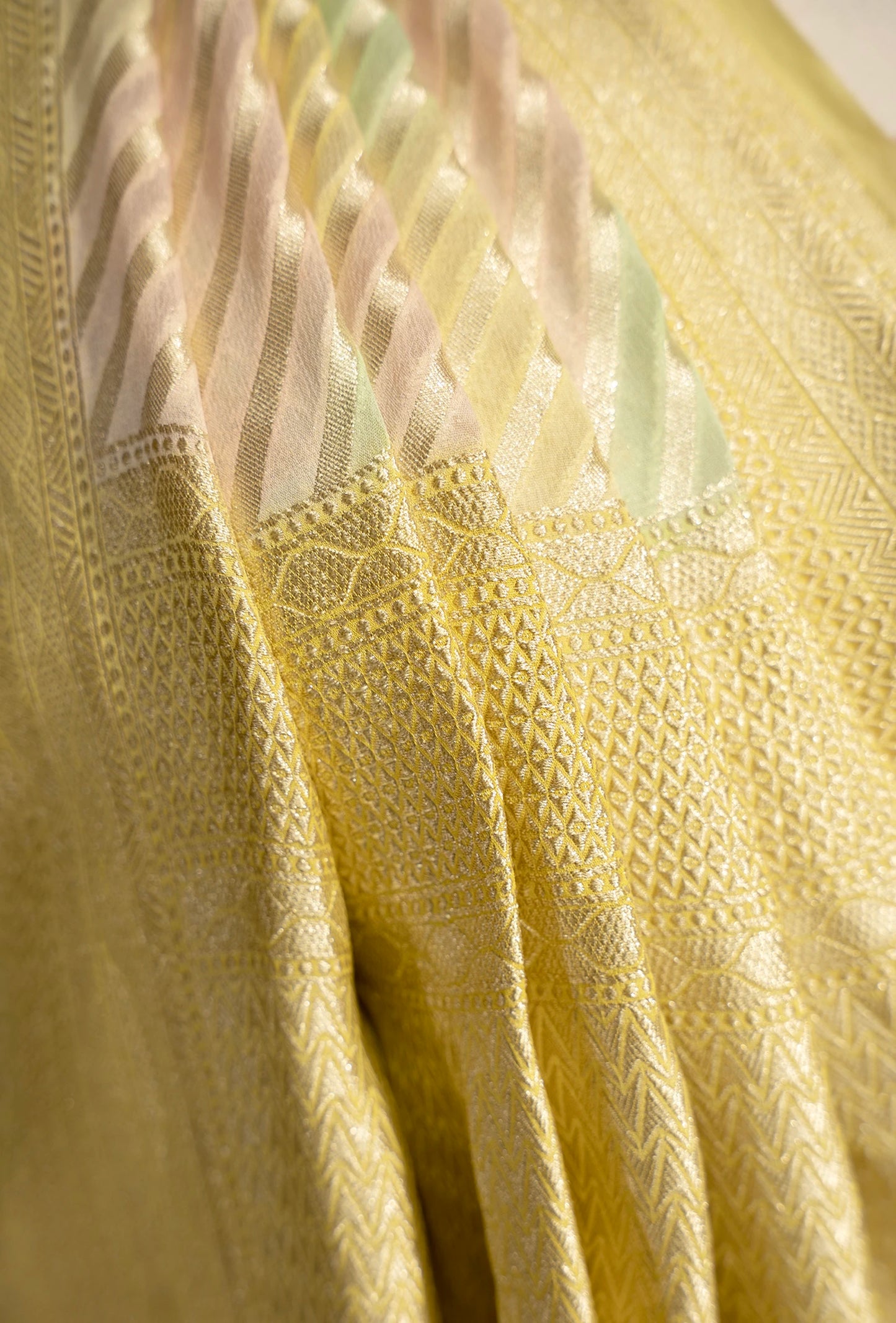Lehriya Saree In Khadi Chiffon With Yellow And Pastel Stripes