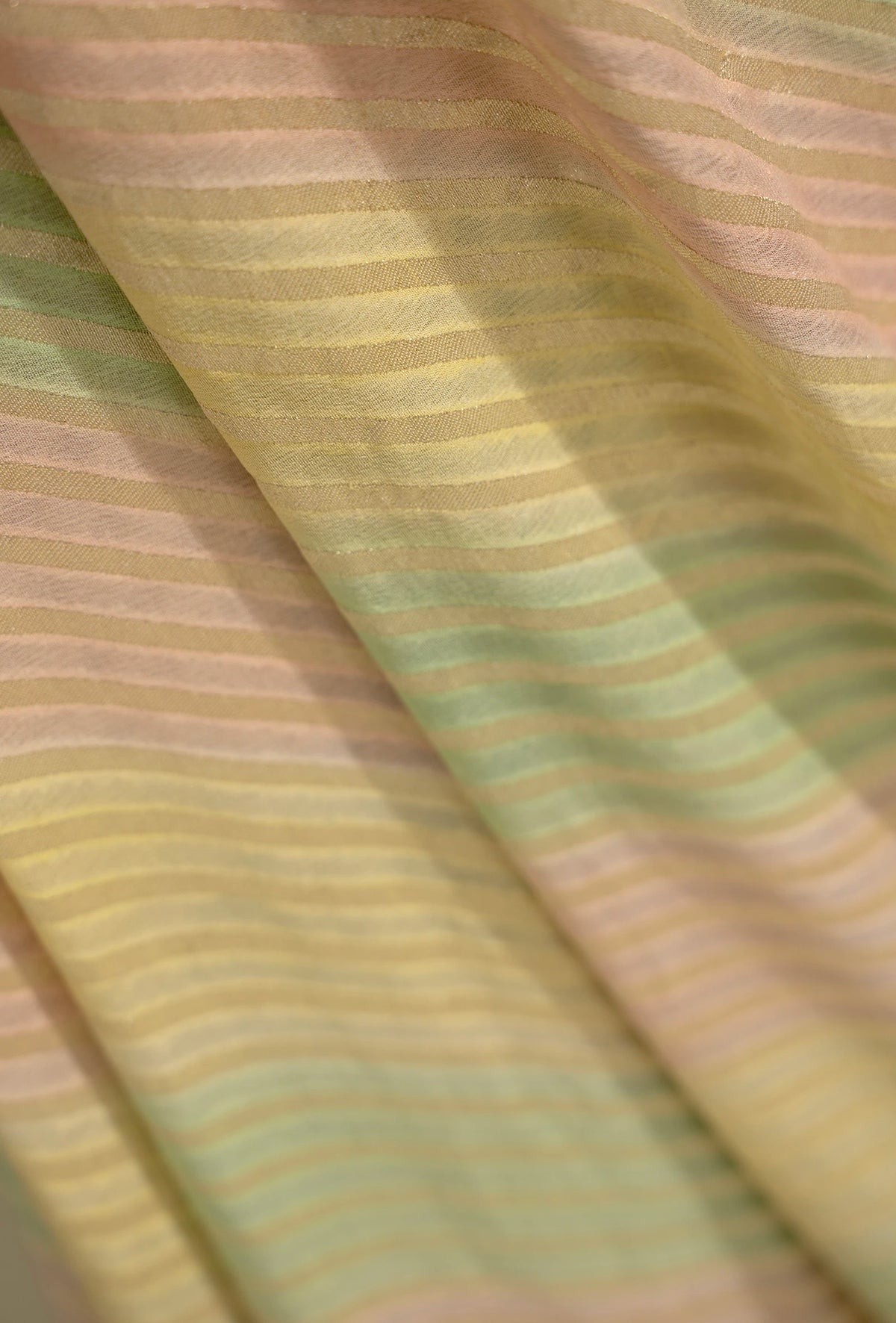Lehriya Saree In Khadi Chiffon With Yellow And Pastel Stripes