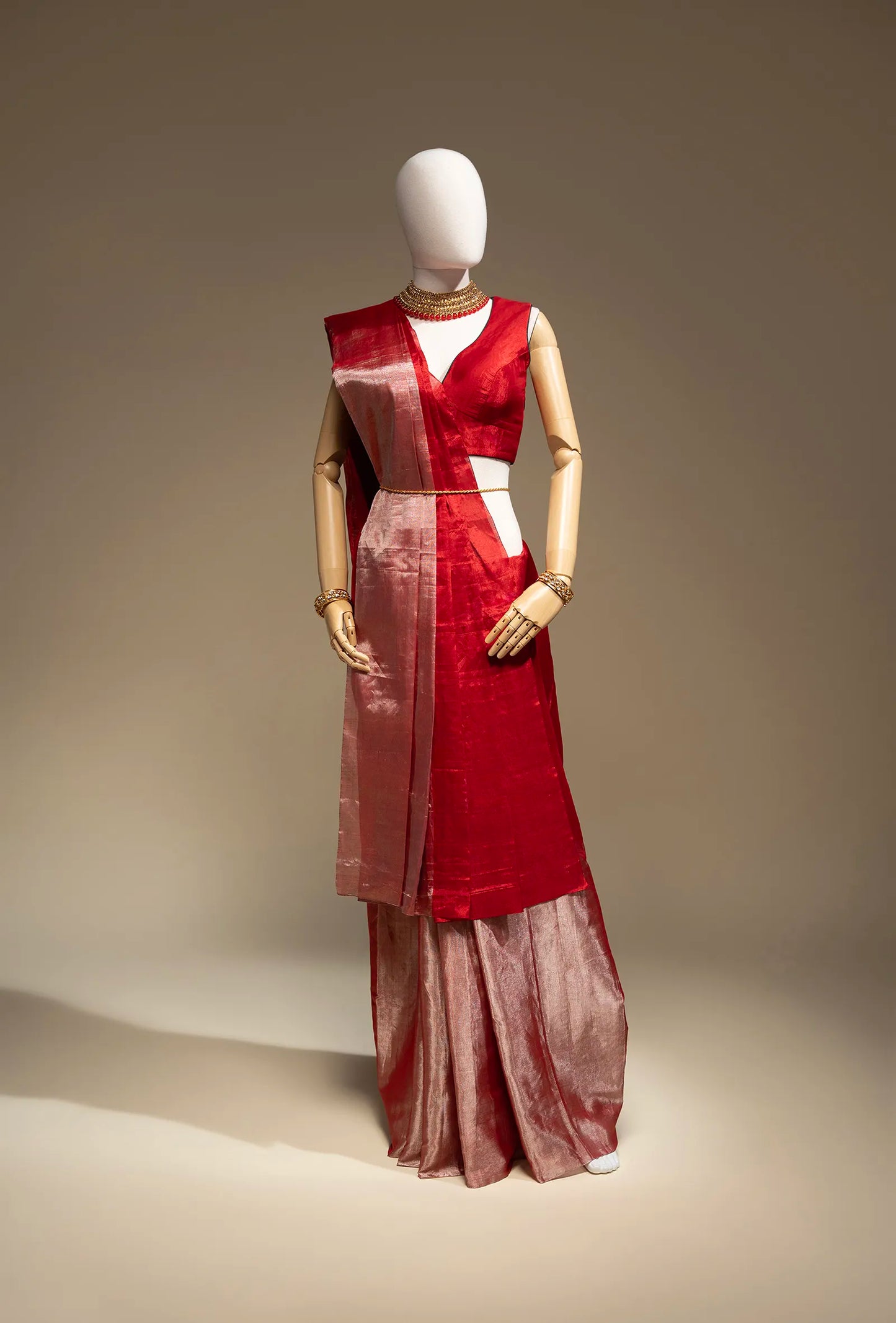 Red Chanderi Saree with Silver Zari Border & Unstitched Blouse