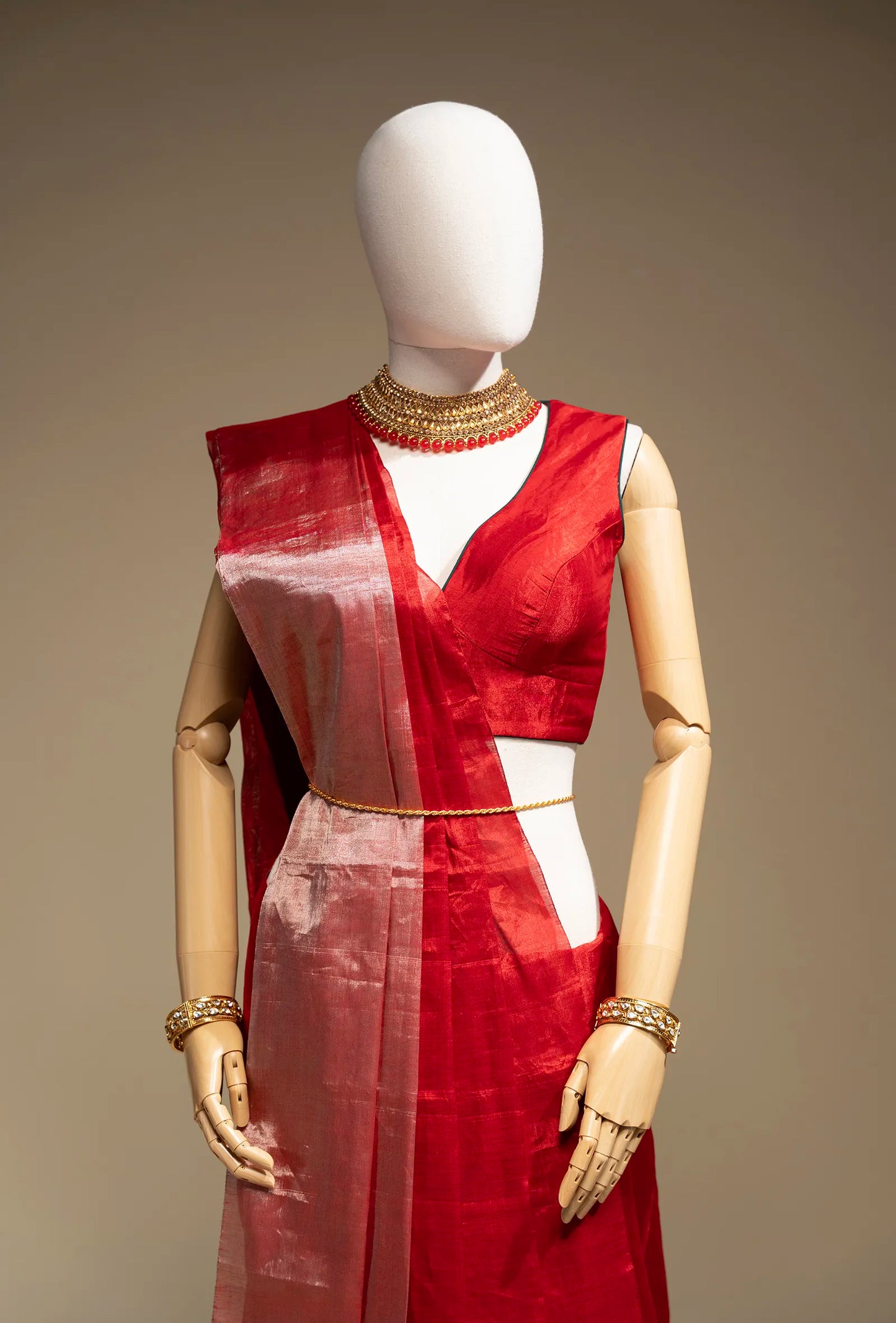 Red Chanderi Saree with Silver Zari Border & Unstitched Blouse