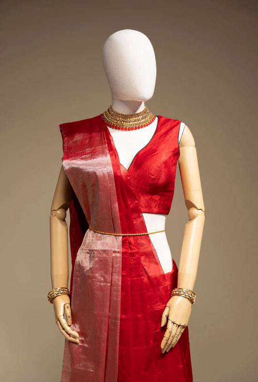 Red Chanderi Saree with Silver Zari Border & Unstitched Blouse