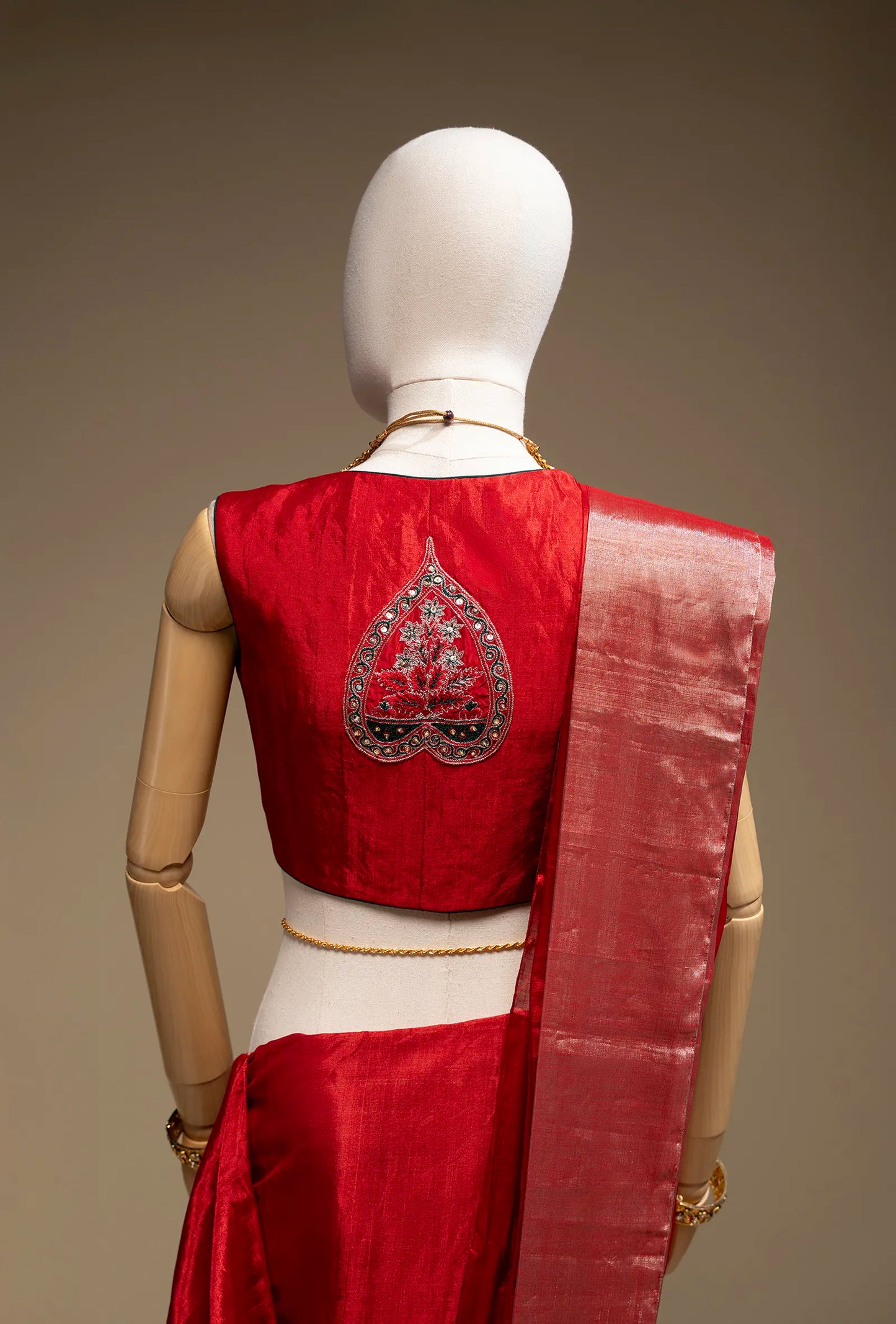 Red Chanderi Saree with Silver Zari Border & Unstitched Blouse