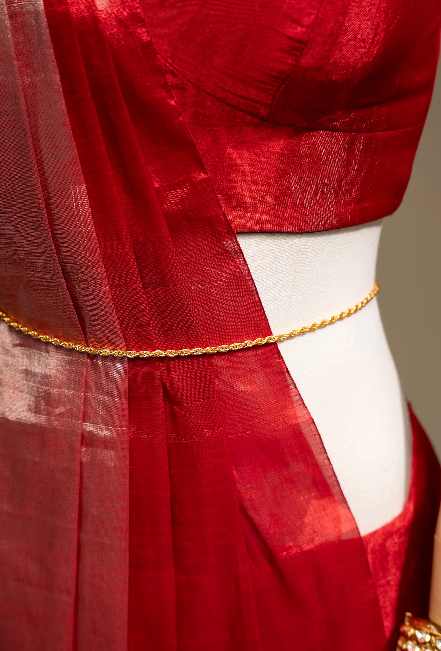 Red Chanderi Saree with Silver Zari Border & Unstitched Blouse