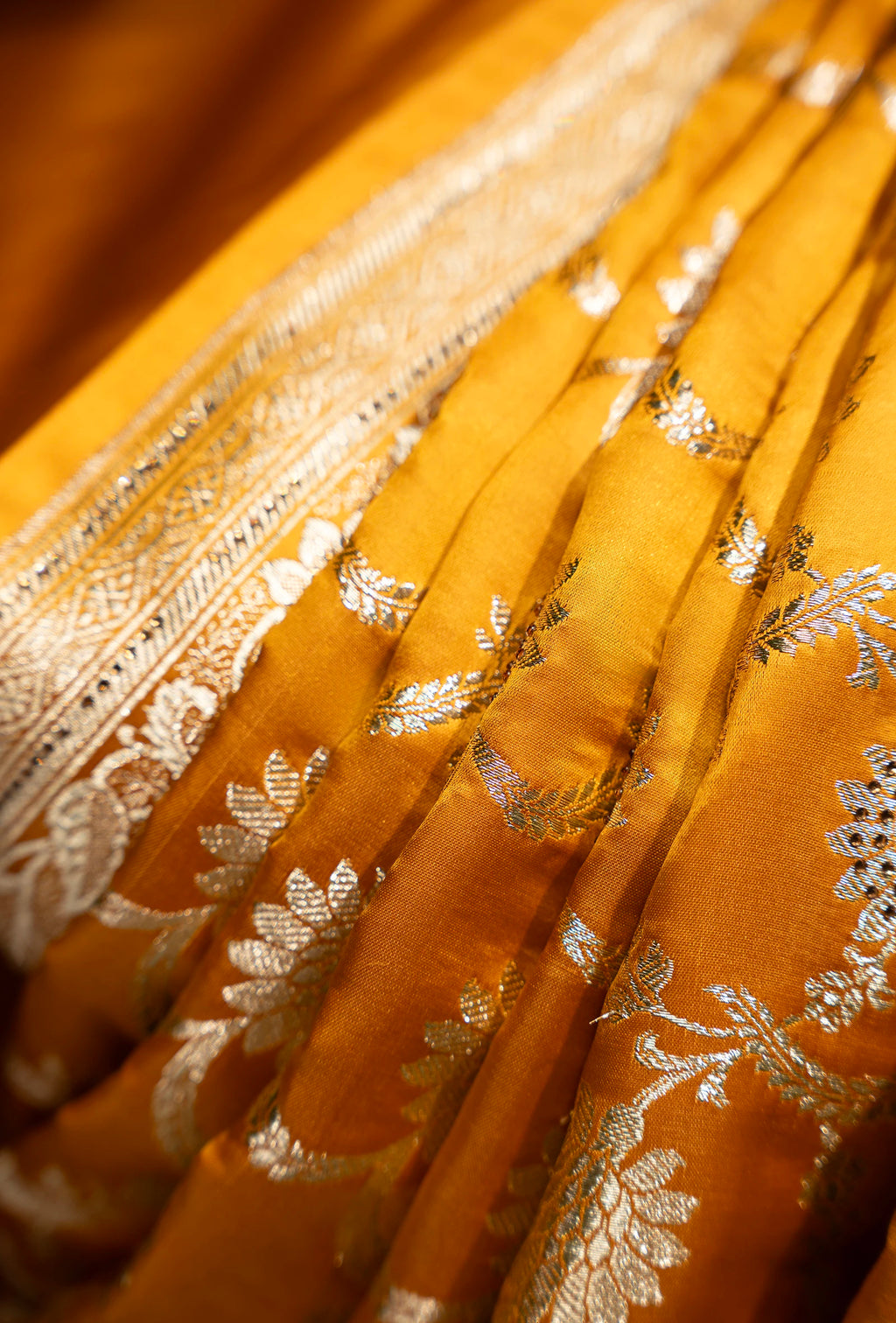 Pure Mashru Silk Saree In Marigold Yellow With Jaal Work