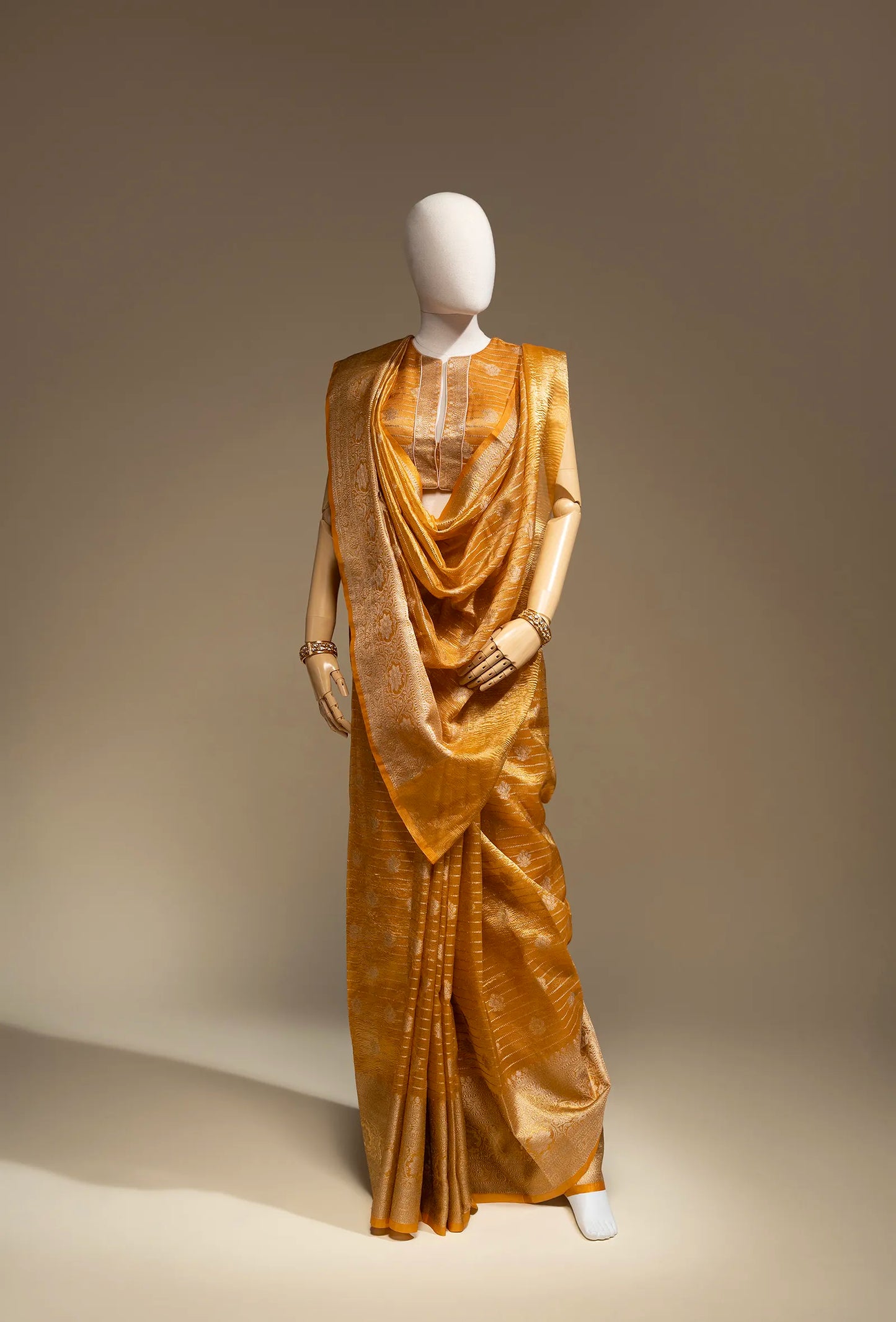 Marigold Yellow Crushed Tissue Silk Saree With Unstitched Blouse
