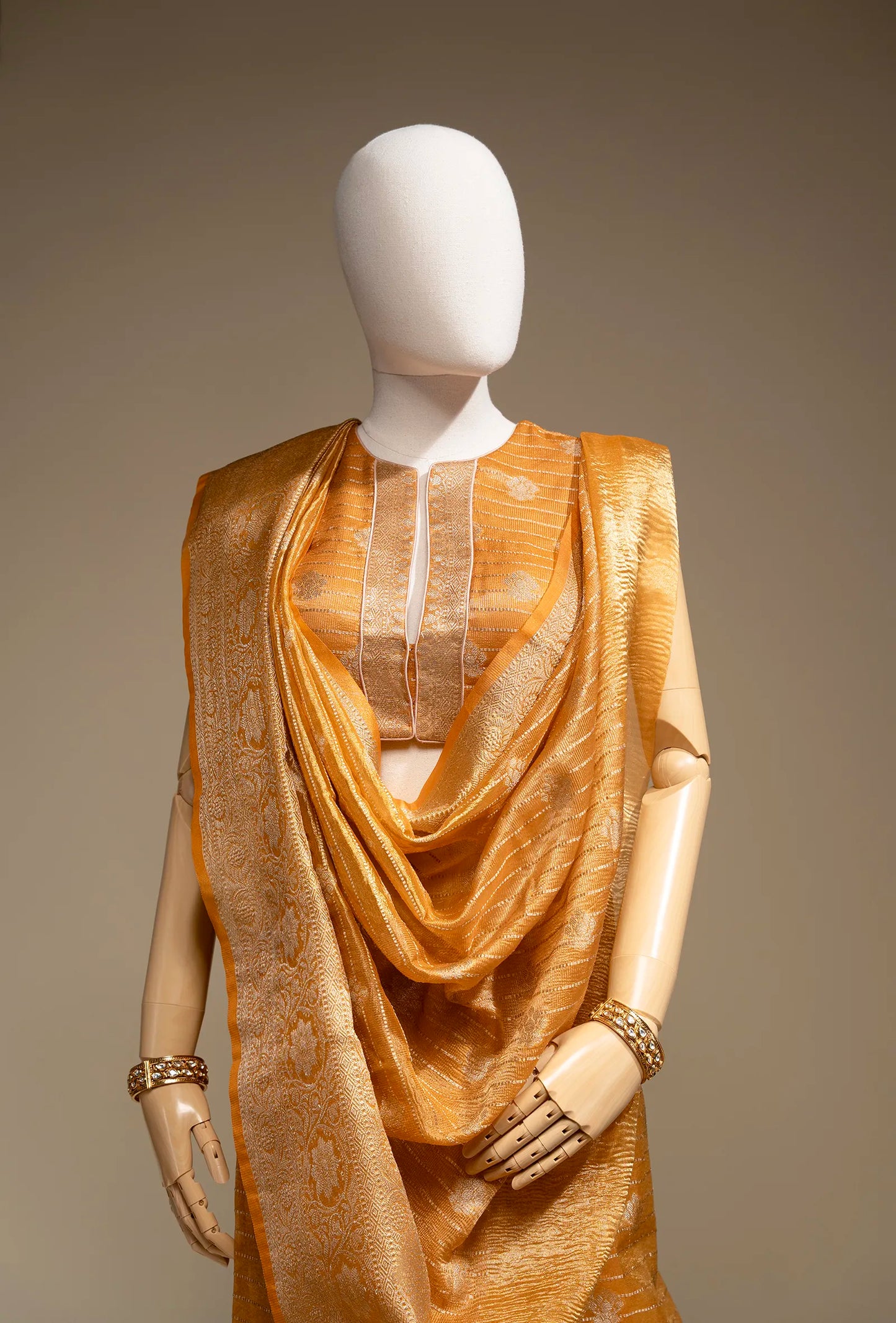 Marigold Yellow Crushed Tissue Silk Saree With Unstitched Blouse