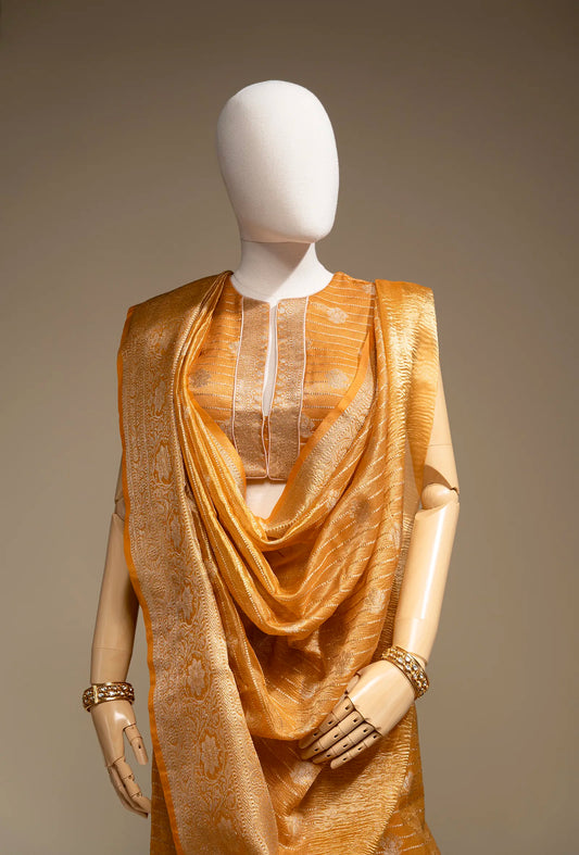 Marigold Yellow Crushed Tissue Silk Saree With Unstitched Blouse