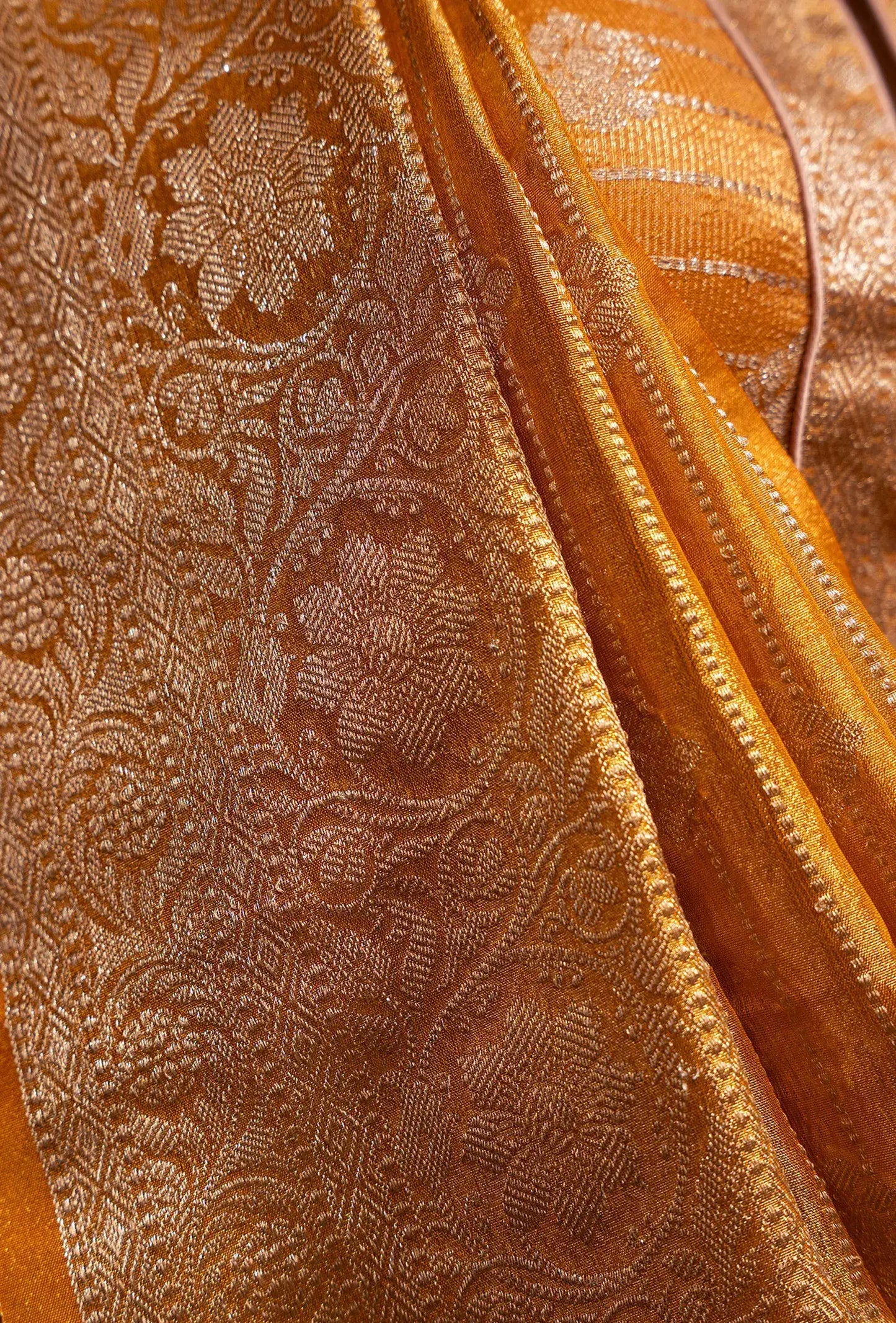 Marigold Yellow Crushed Tissue Silk Saree With Unstitched Blouse