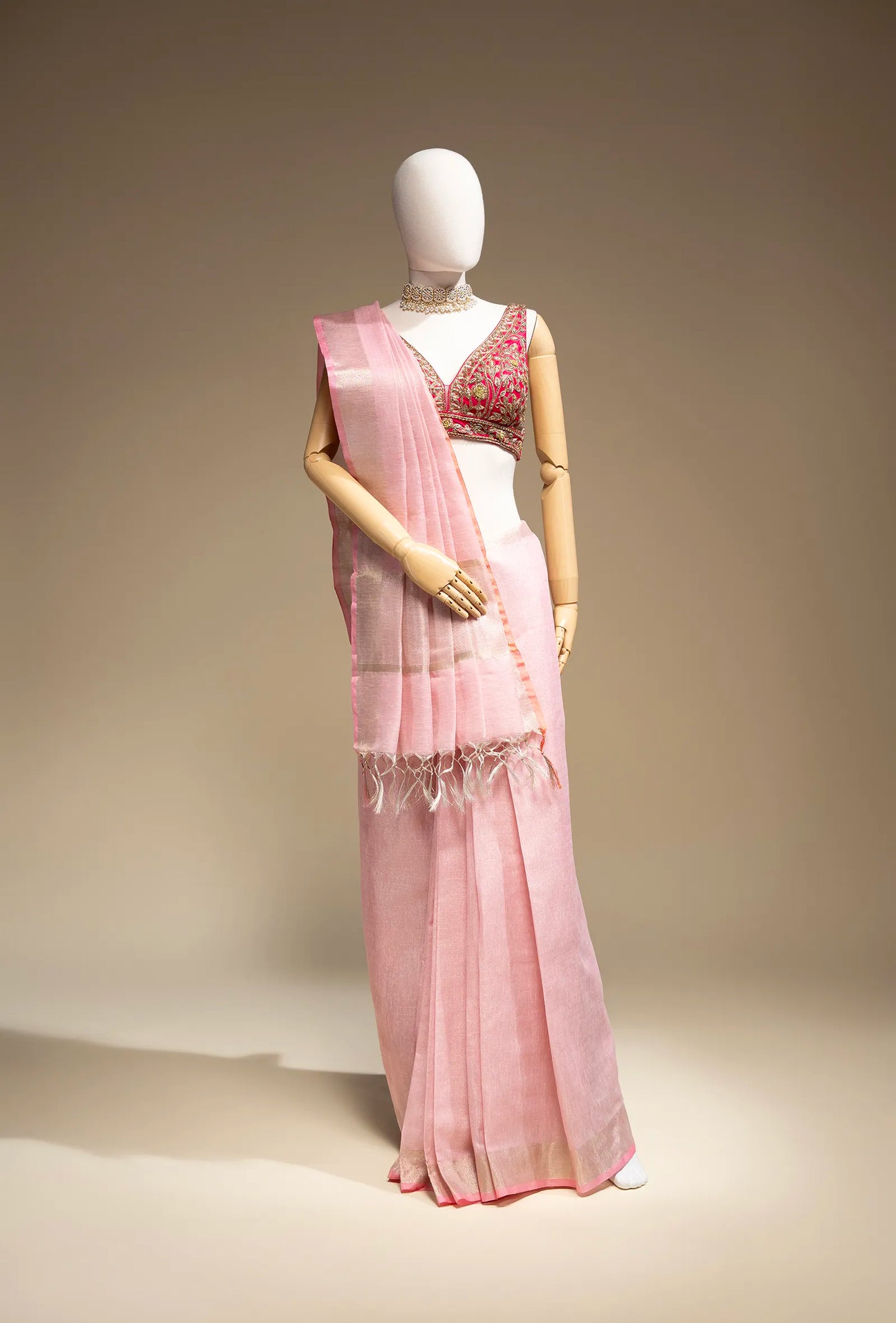 Soft Pink Khadi Tissue Saree With Unstitched Blouse
