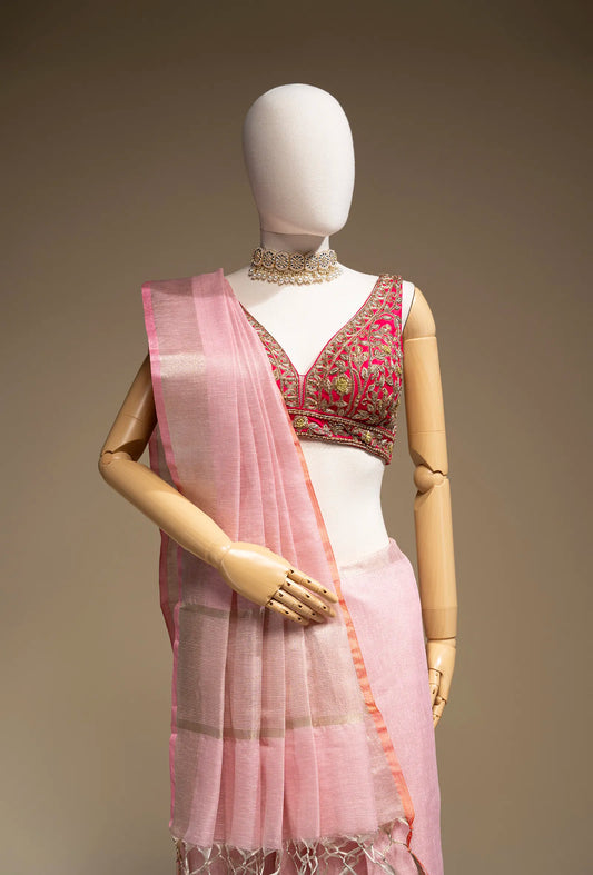 Soft Pink Khadi Tissue Saree With Unstitched Blouse