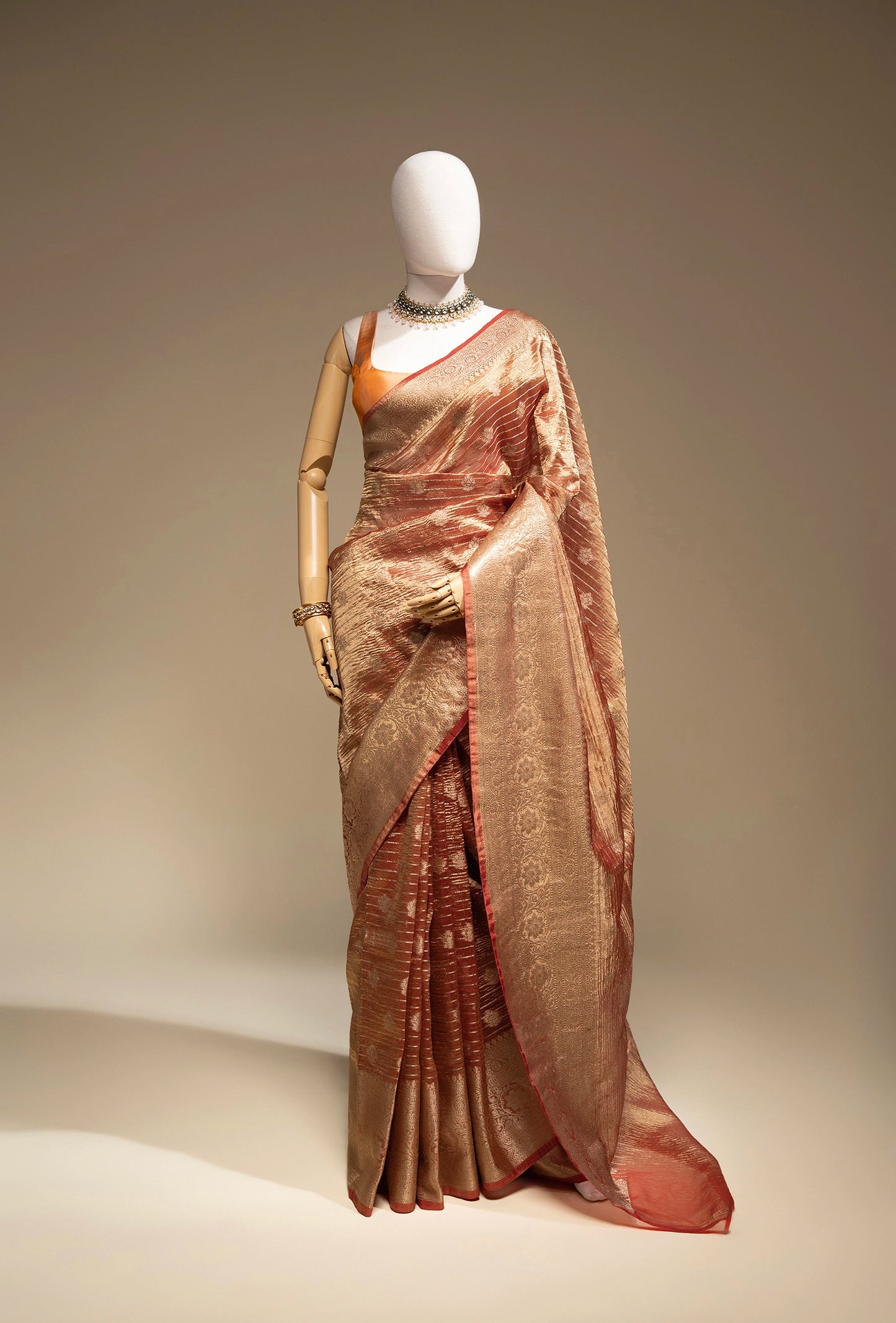 Rust Red Striped Crushed Tissue Silk Saree With Unstitched Blouse