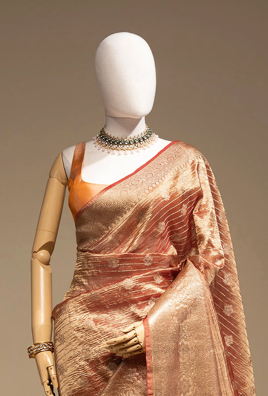 Rust Red Striped Crushed Tissue Silk Saree With Unstitched Blouse