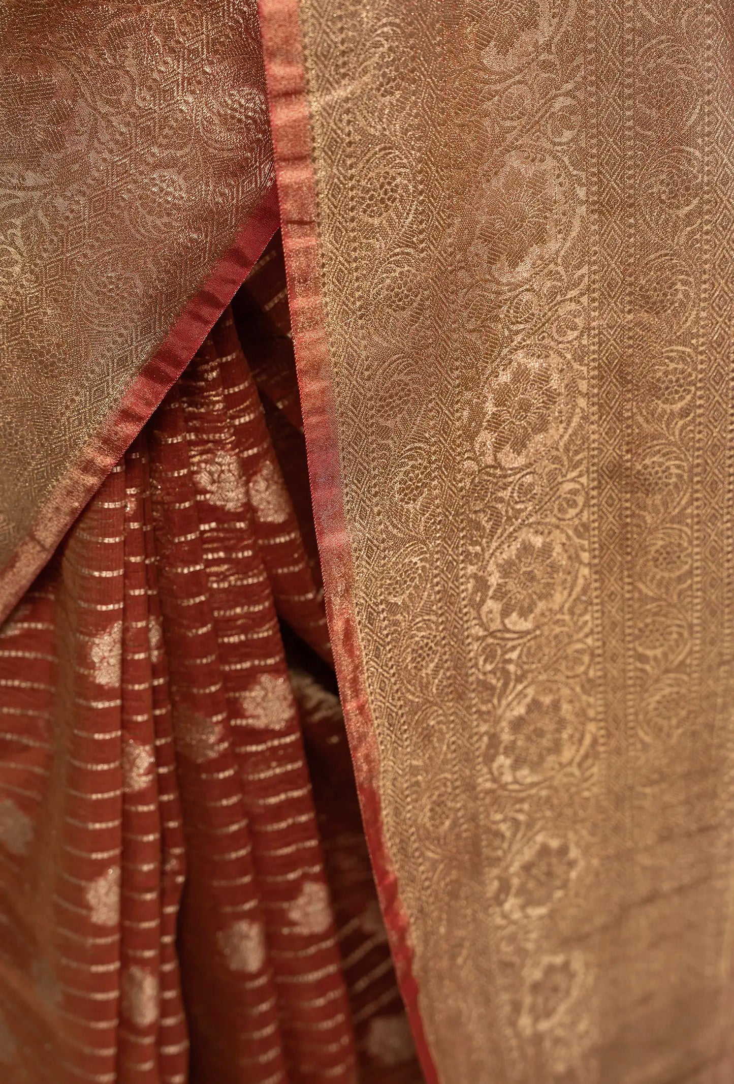 Rust Red Striped Crushed Tissue Silk Saree With Unstitched Blouse