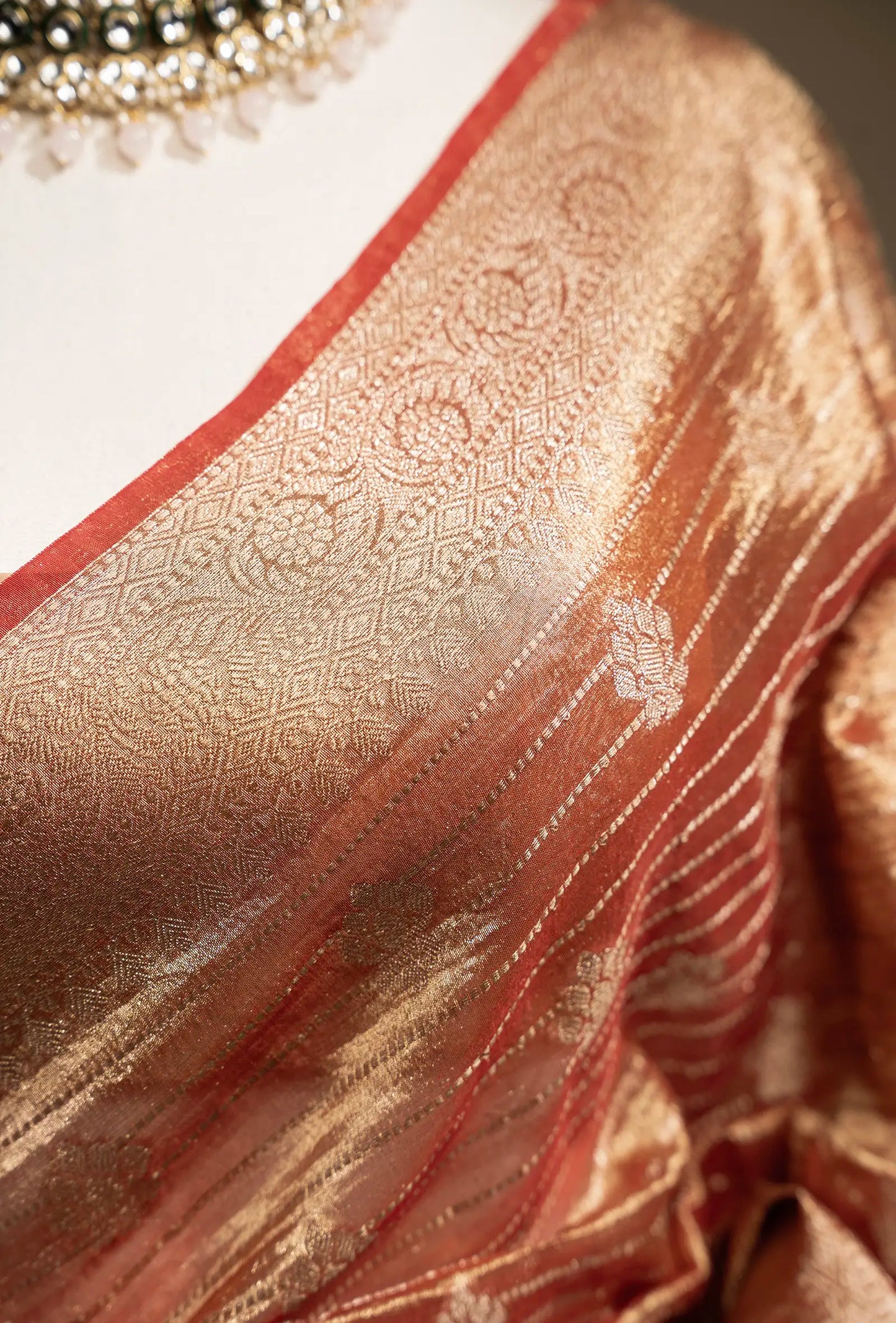 Rust Red Striped Crushed Tissue Silk Saree With Unstitched Blouse