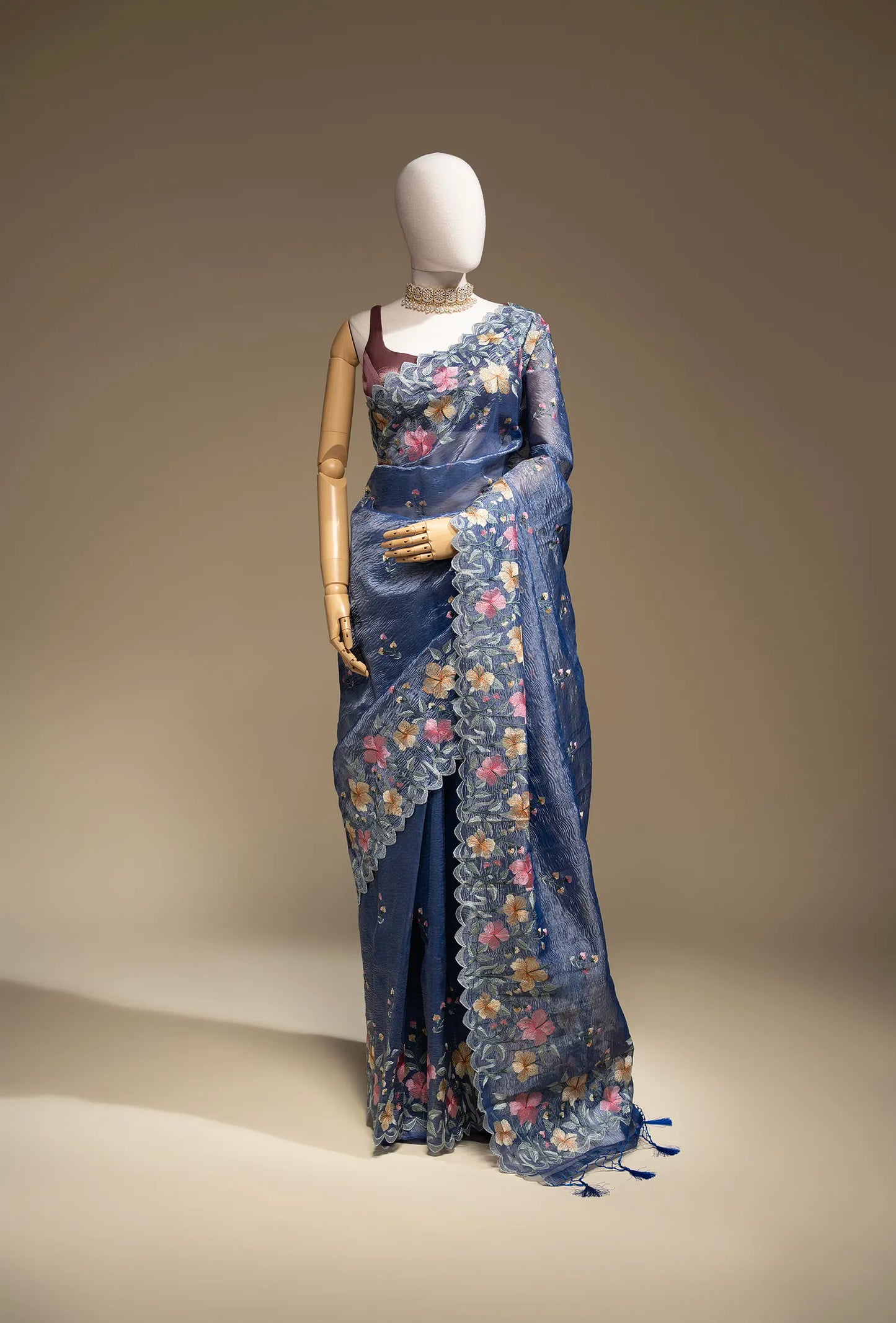 Dusty Blue Crushed Tissue Silk Saree With Unstitched Blouse