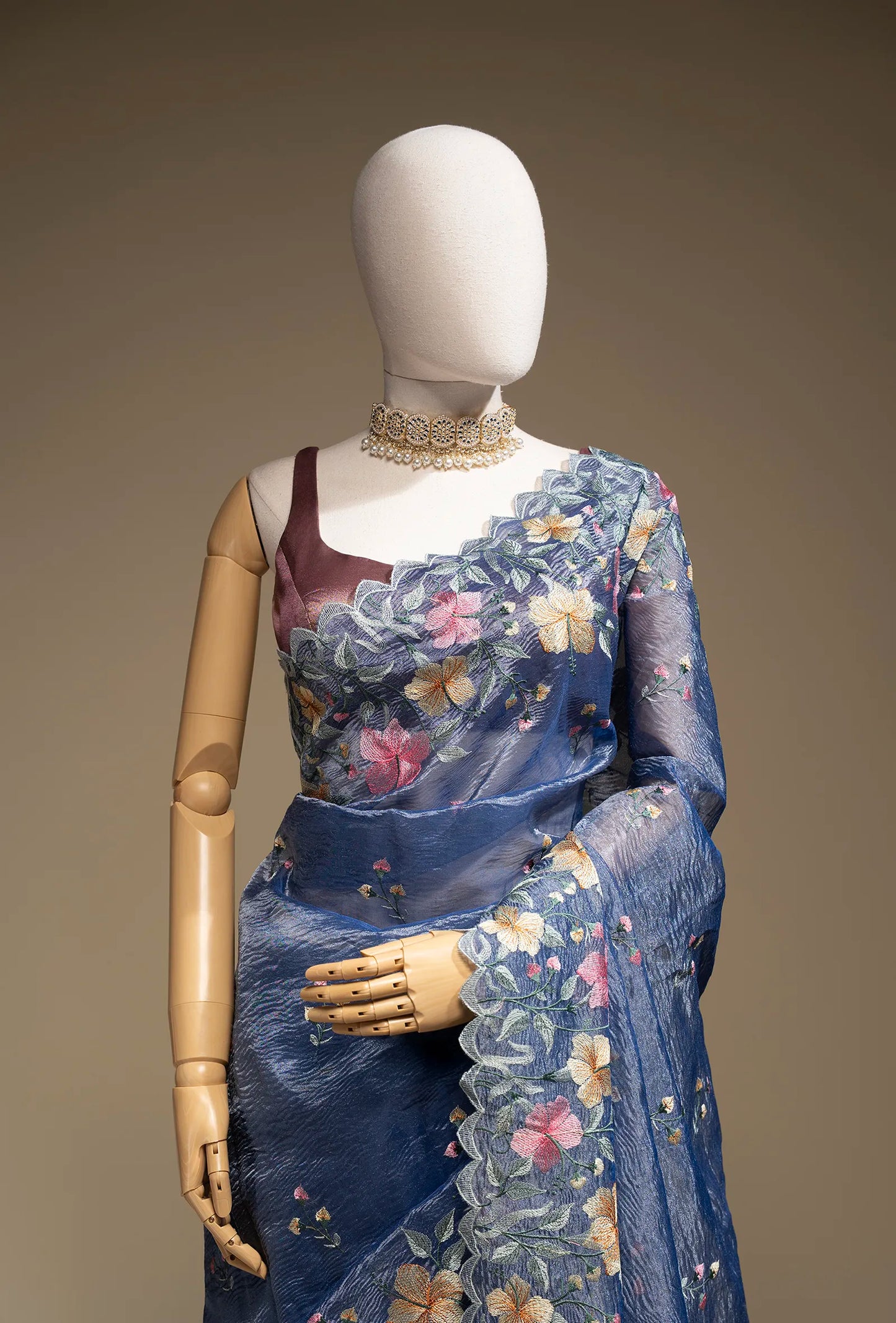 Dusty Blue Crushed Tissue Silk Saree With Unstitched Blouse