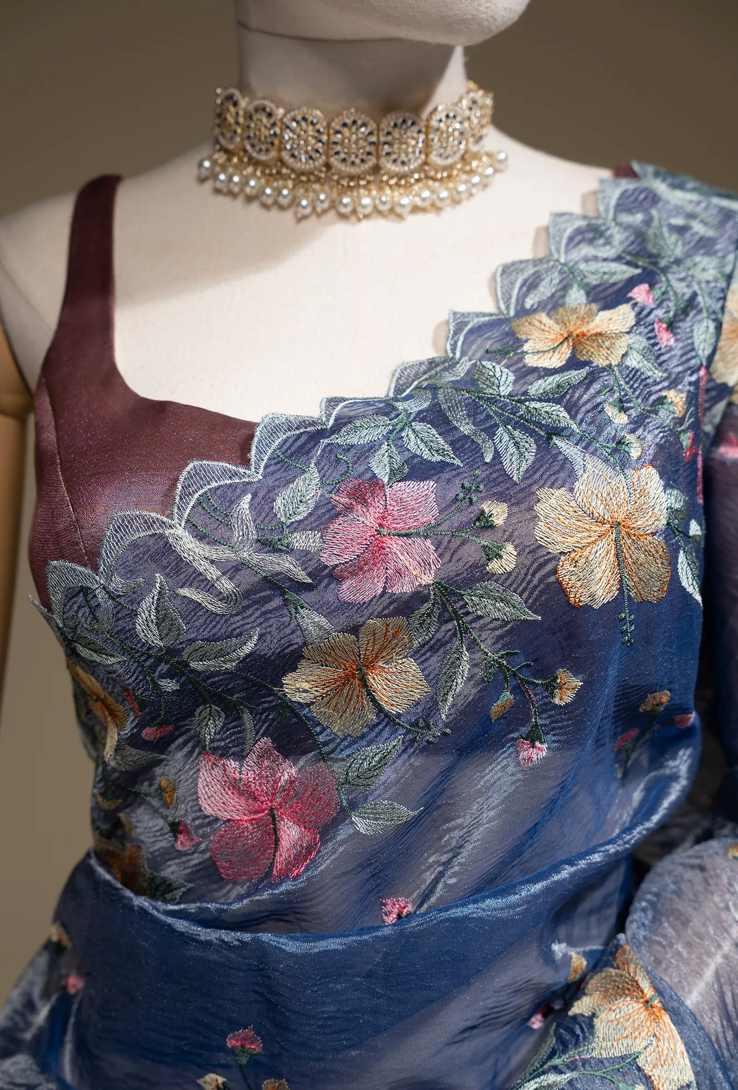 Dusty Blue Crushed Tissue Silk Saree With Unstitched Blouse