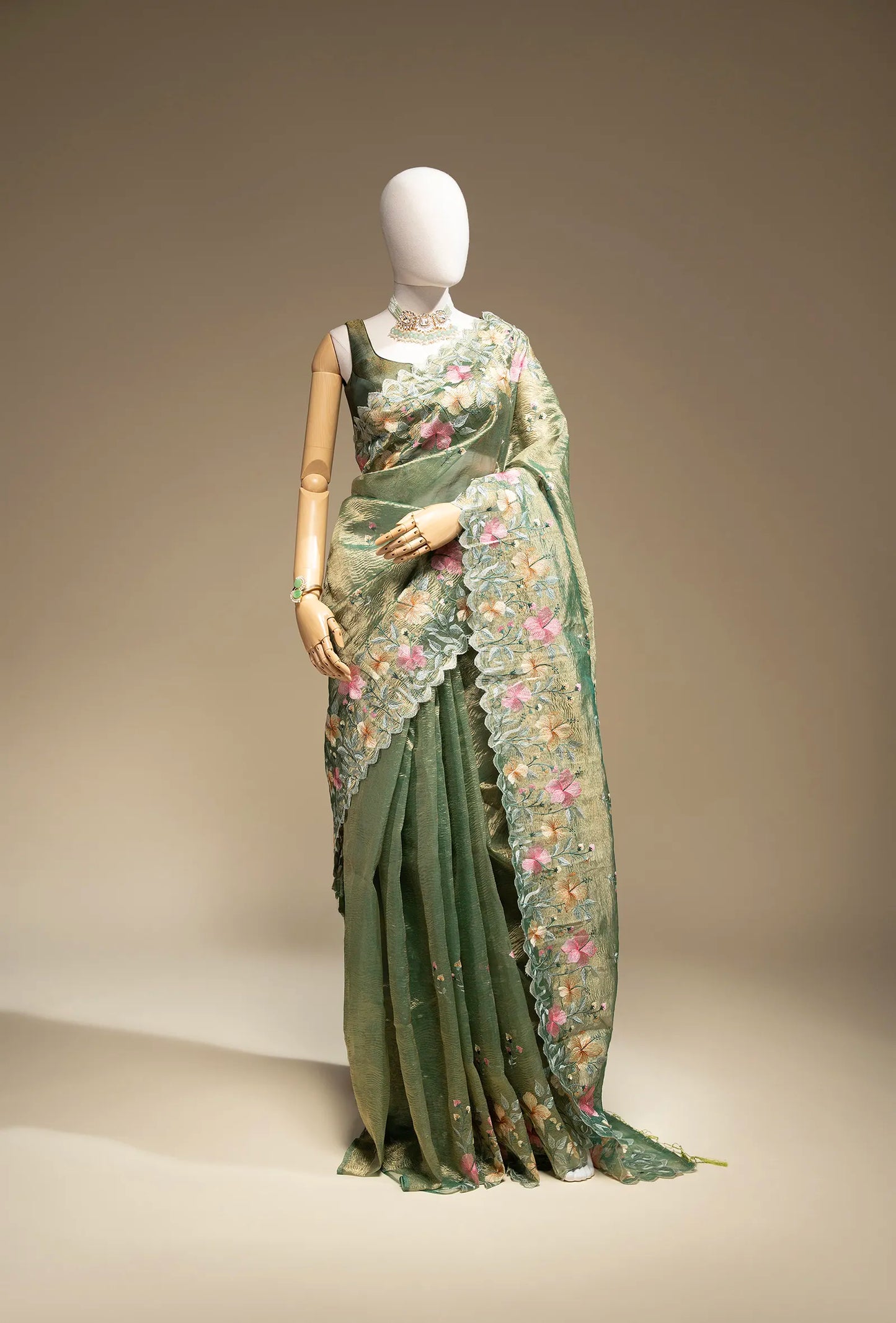 Parrot Green Crushed Tissue Saree With Unstitched Blouse