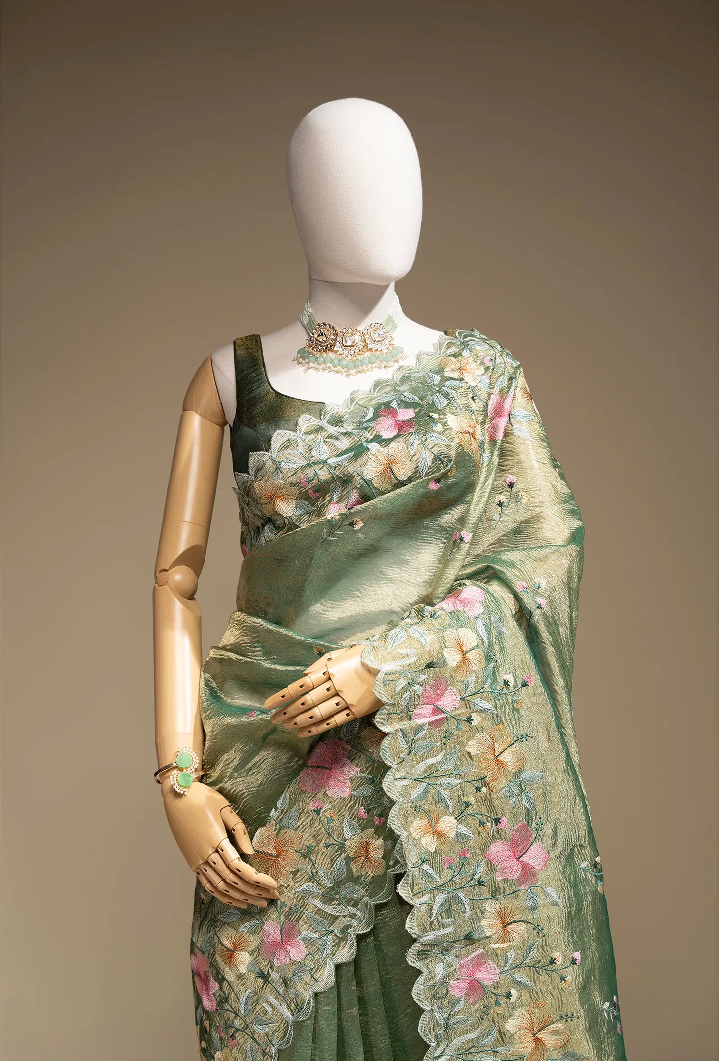 Parrot Green Crushed Tissue Saree With Unstitched Blouse