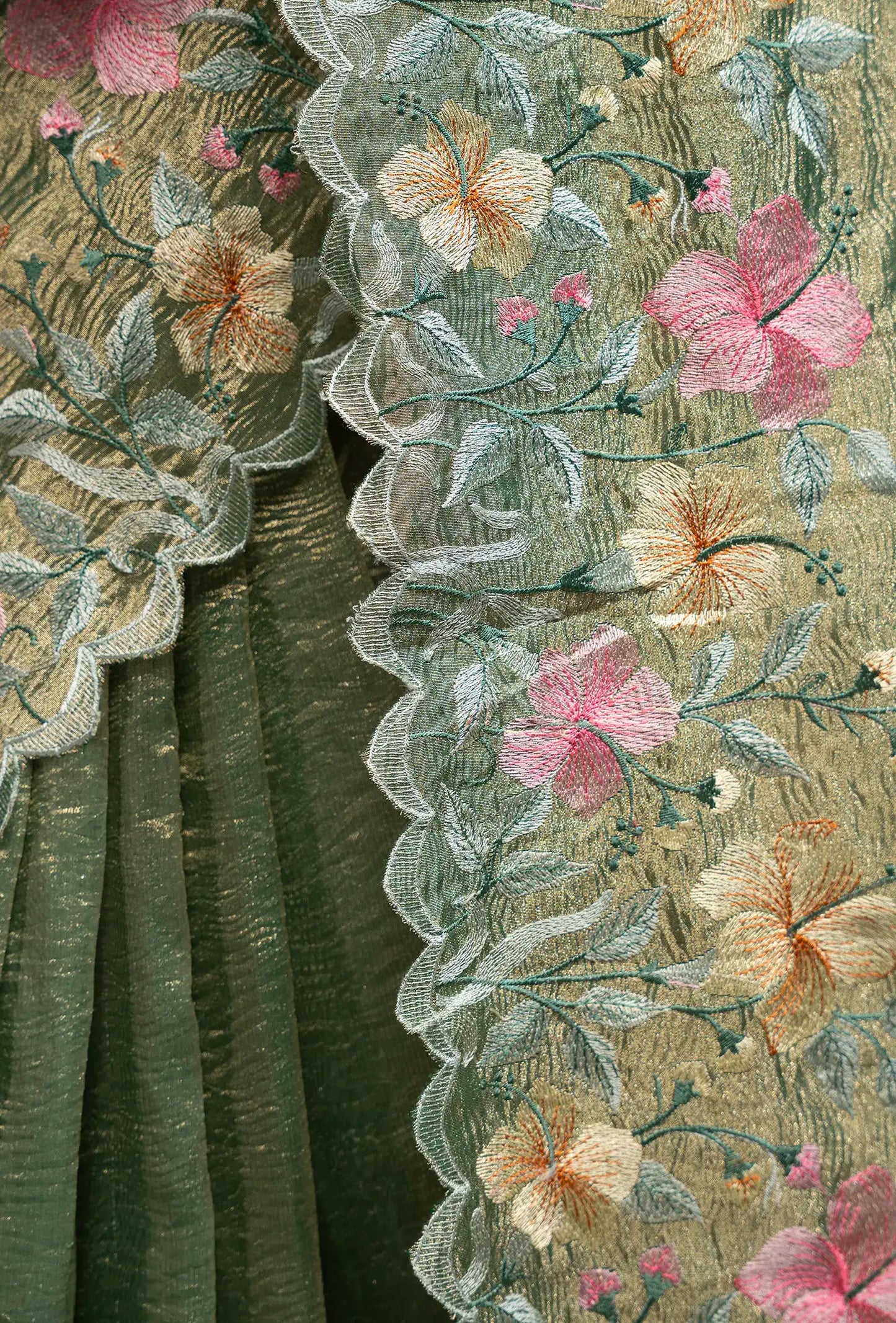 Parrot Green Crushed Tissue Saree With Unstitched Blouse