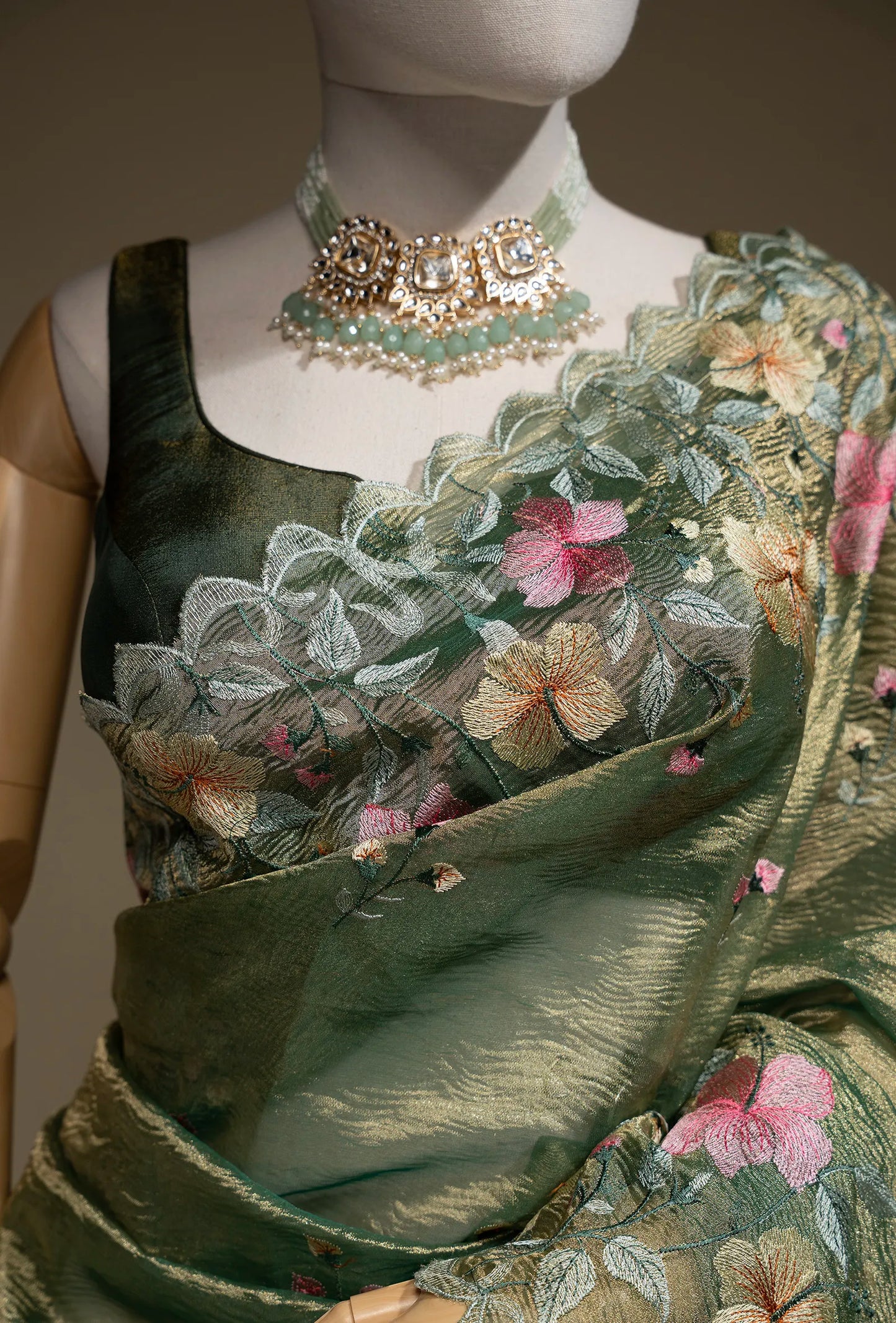 Parrot Green Crushed Tissue Saree With Unstitched Blouse