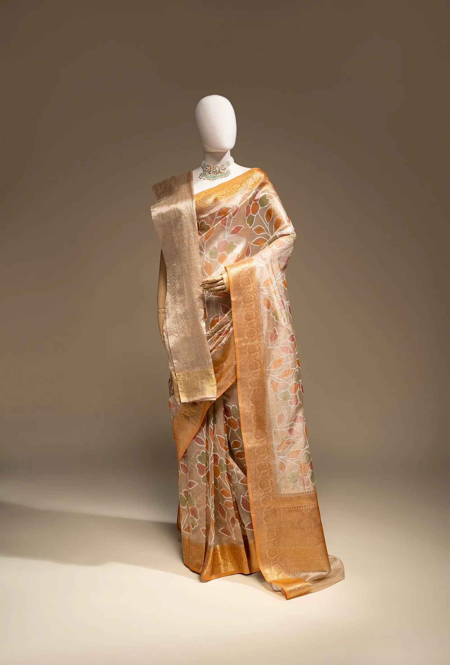 Ochre Tissue Silk Saree with White Florals & Unstitched Blouse