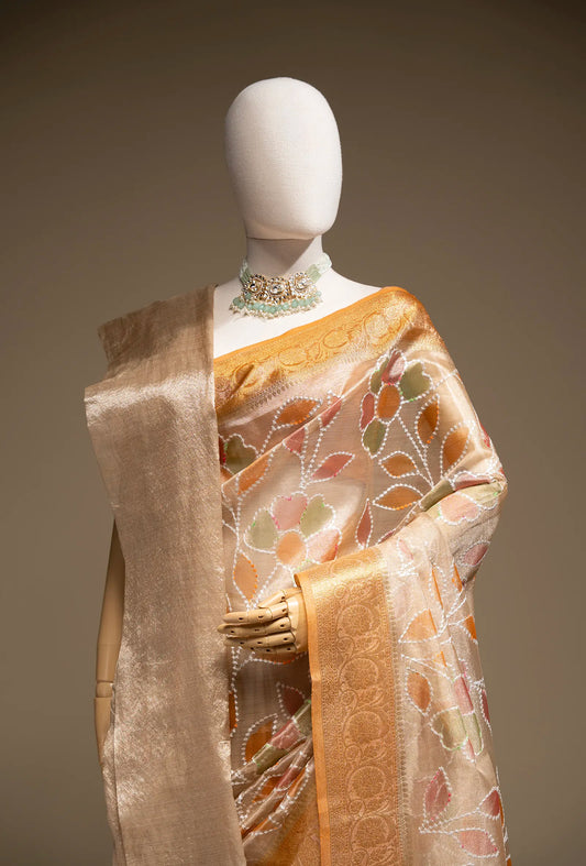 Ochre Tissue Silk Saree with White Florals & Unstitched Blouse