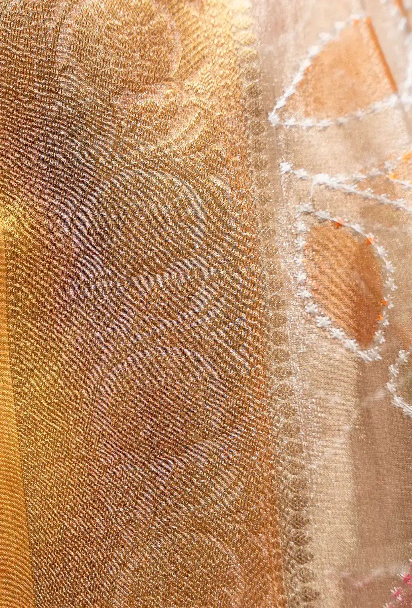 Ochre Tissue Silk Saree with White Florals & Unstitched Blouse