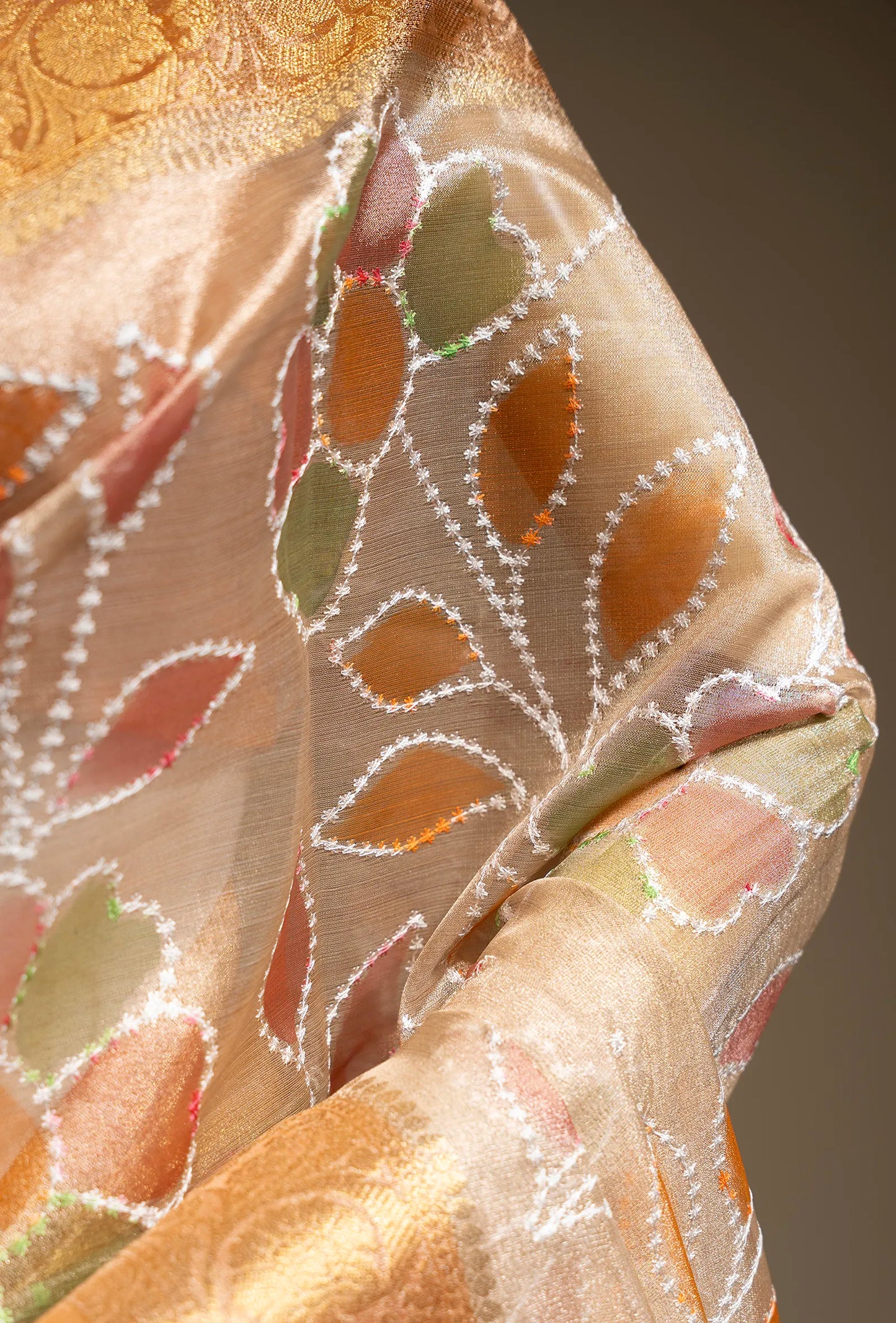 Ochre Tissue Silk Saree with White Florals & Unstitched Blouse