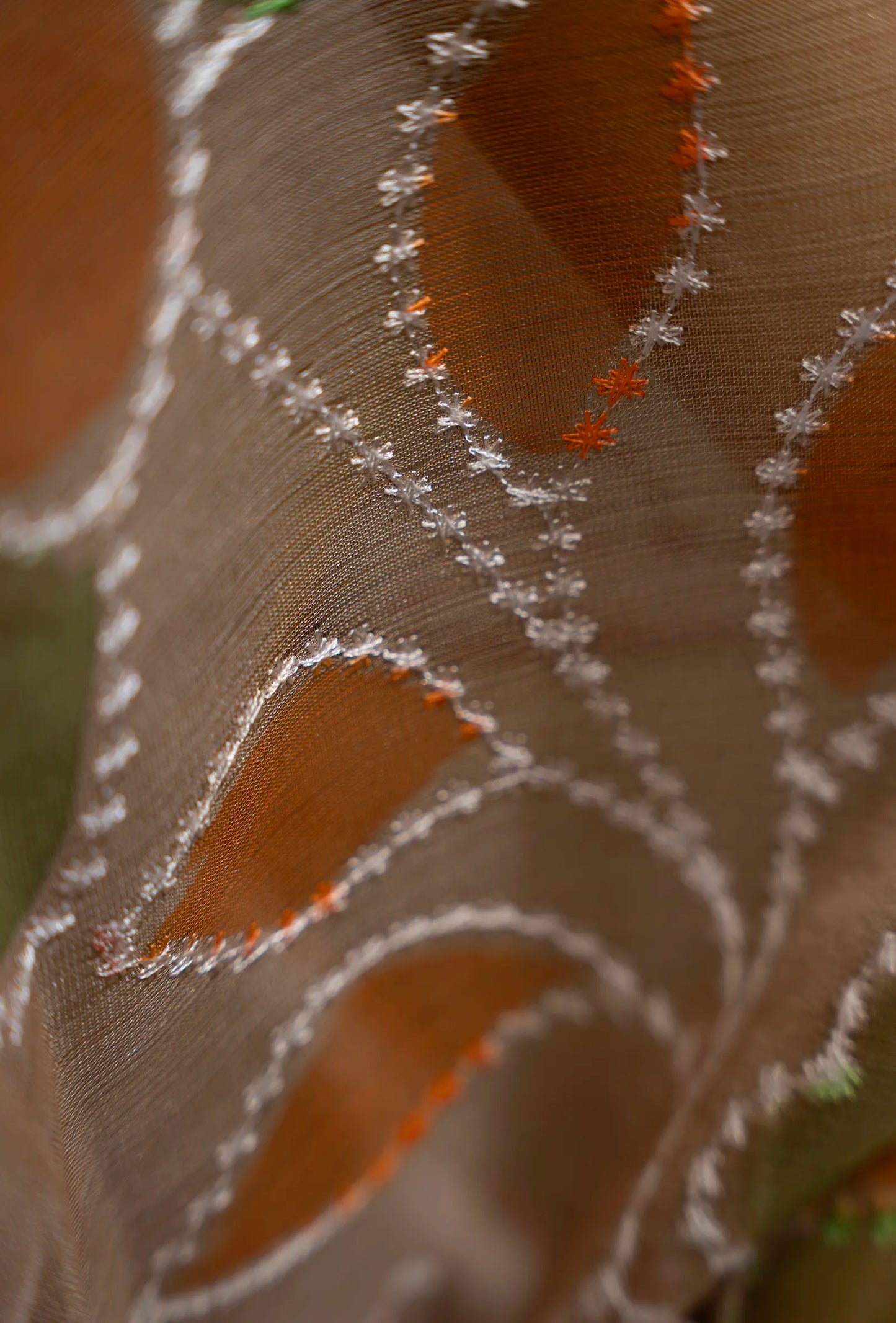 Ochre Tissue Silk Saree with White Florals & Unstitched Blouse
