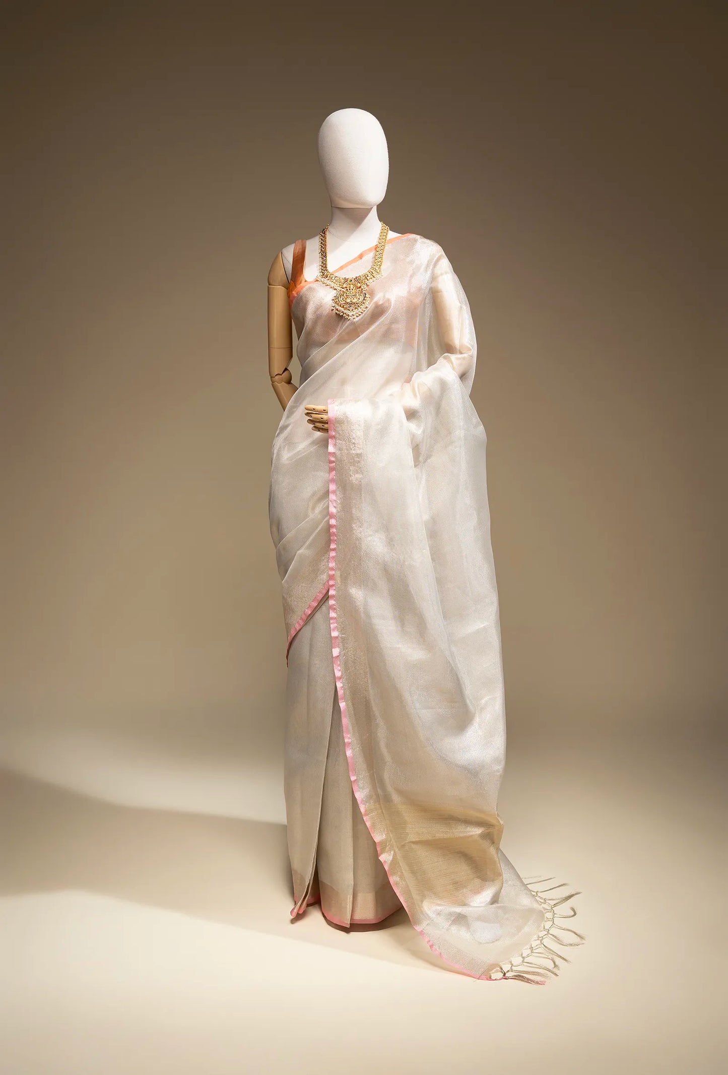 Metallic Ivory Khadi Tissue Saree With Unstitched Blouse