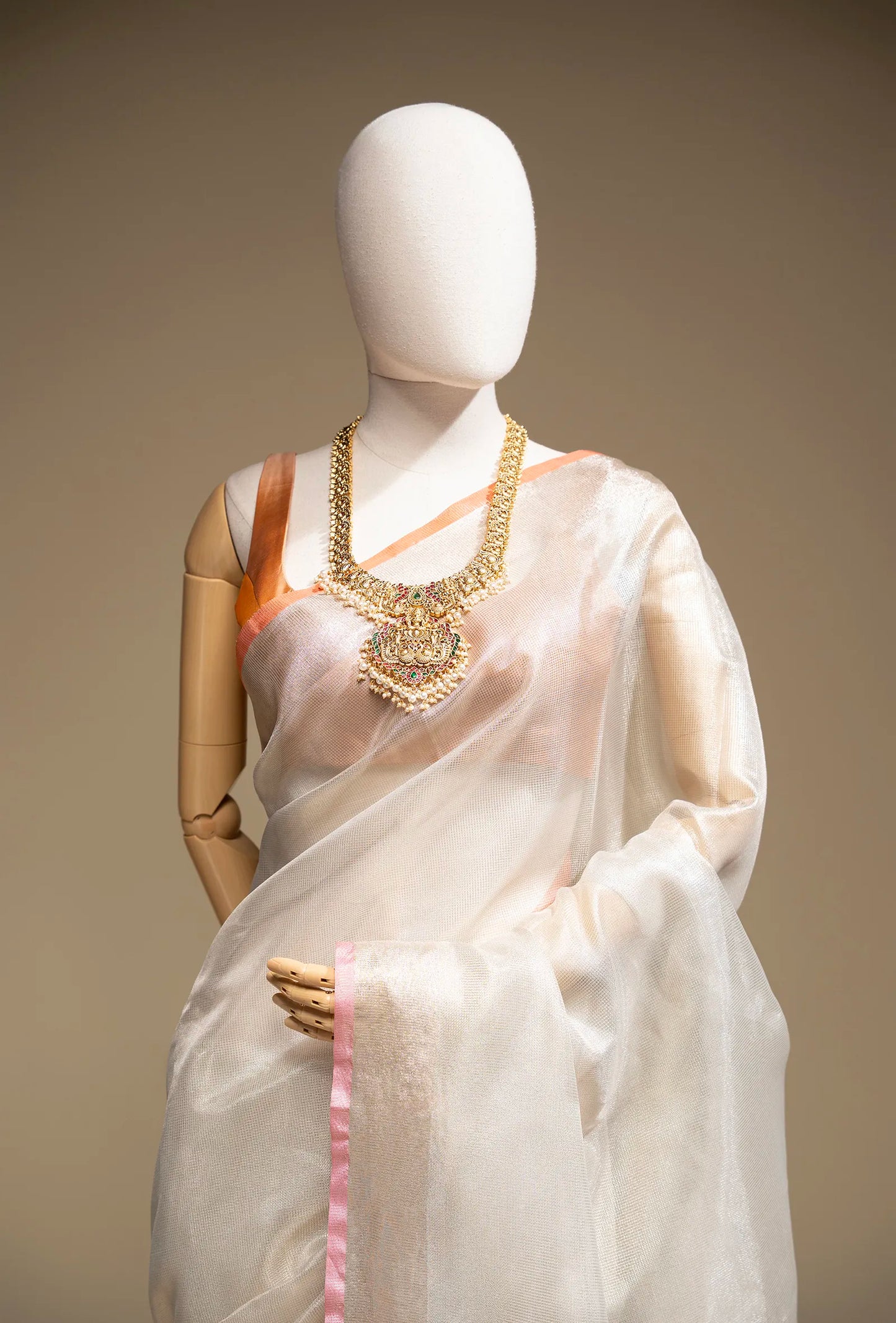 Metallic Ivory Khadi Tissue Saree With Unstitched Blouse