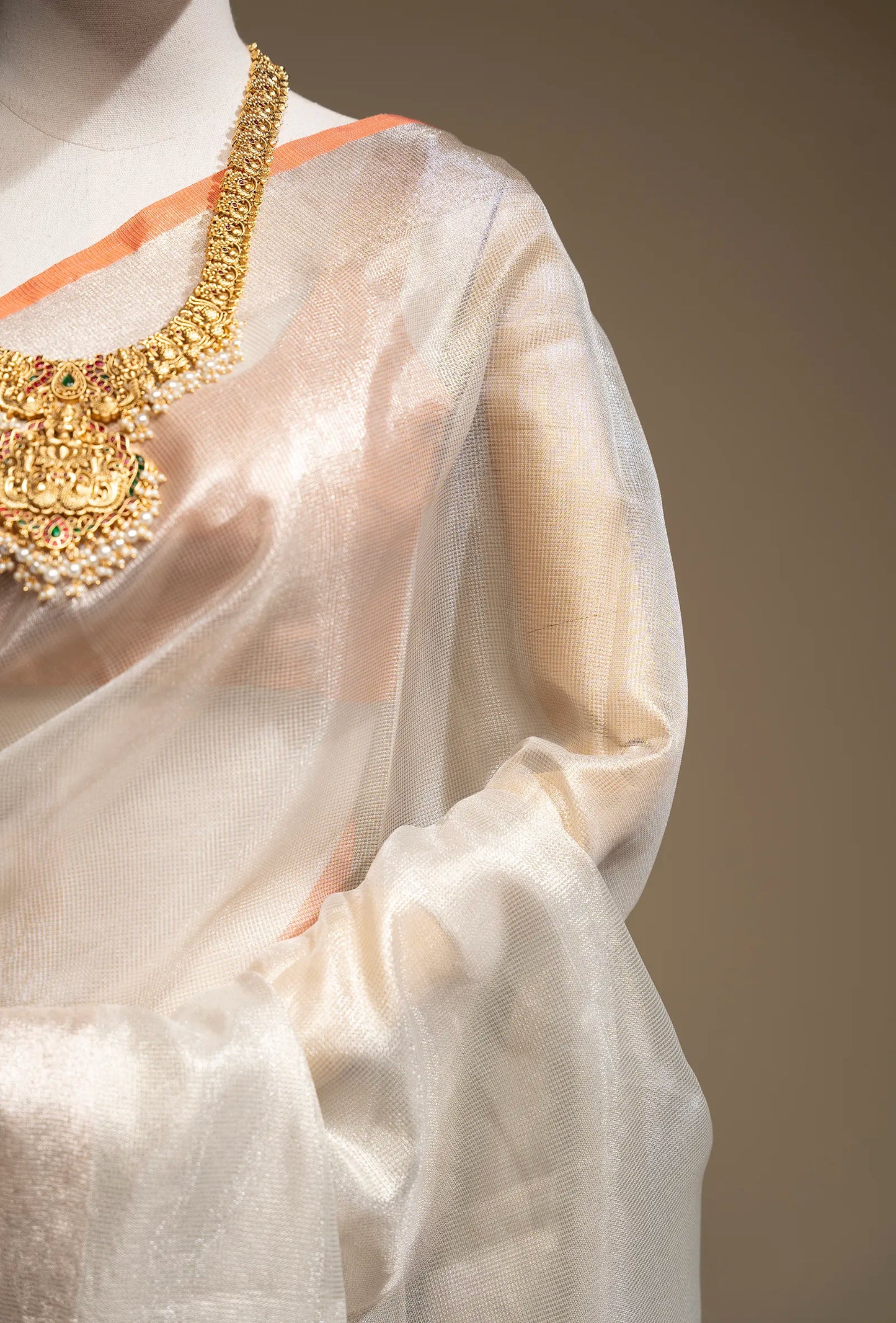 Metallic Ivory Khadi Tissue Saree With Unstitched Blouse