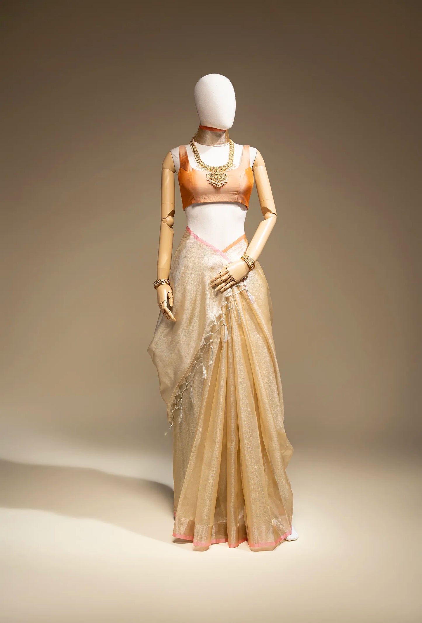 Golden Zari Khadi Tissue Saree With Unstitched Blouse