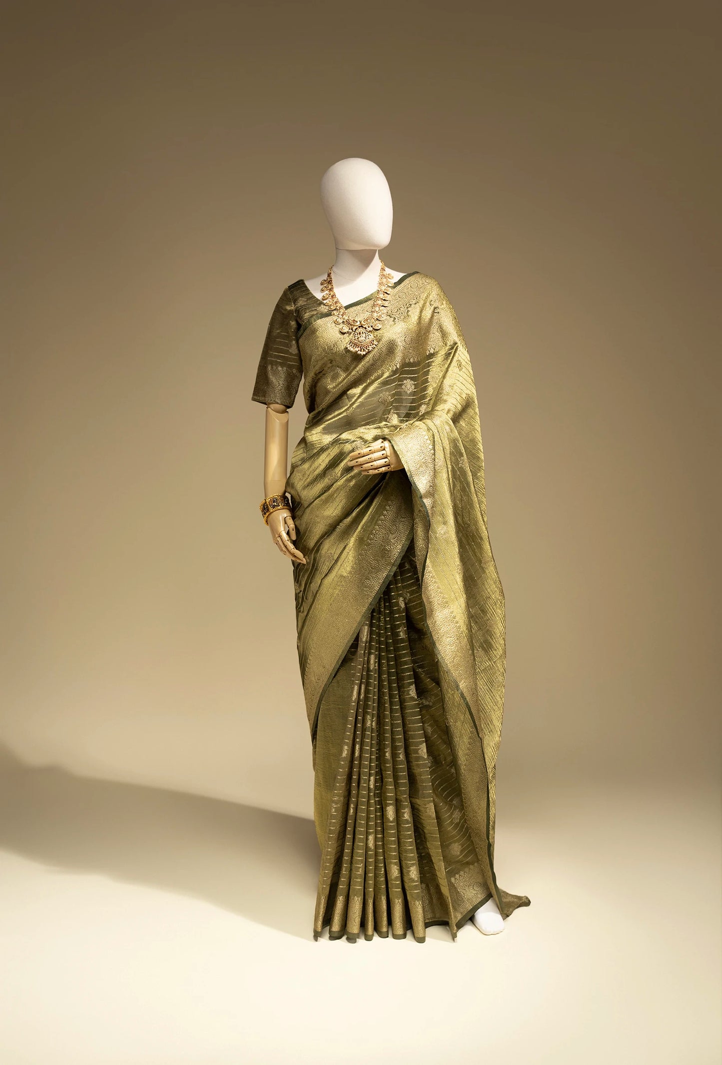 Khadi Tissue Saree In Olive Green With Earthy Appeal
